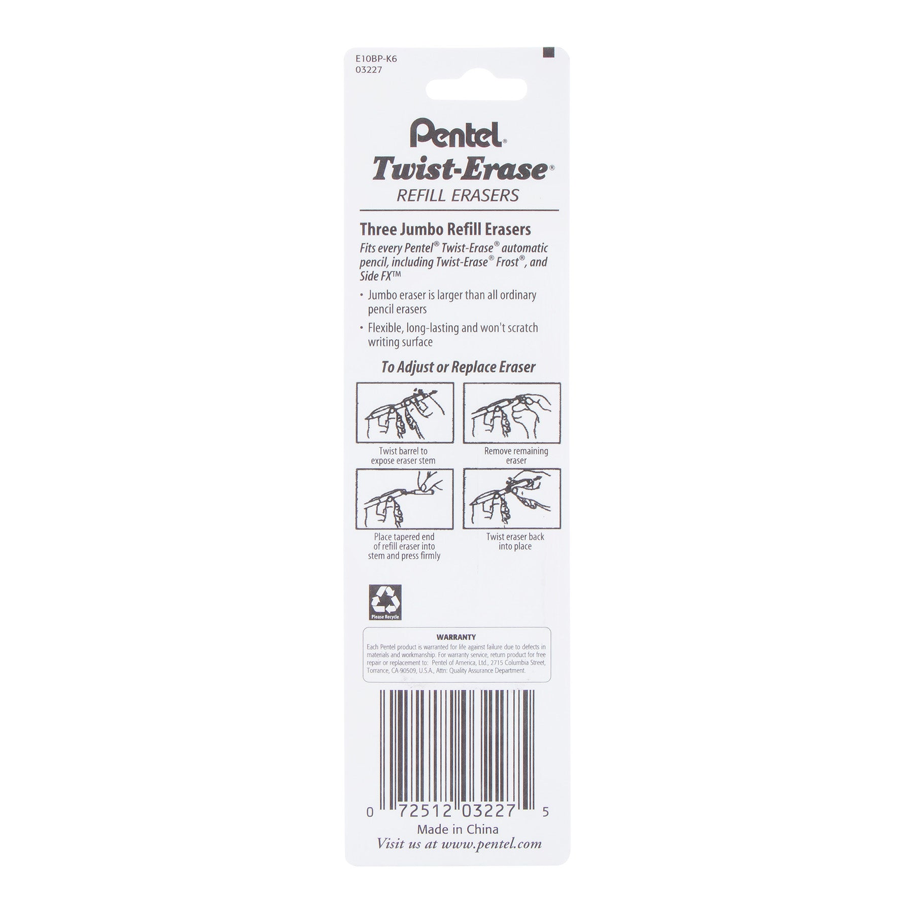 Refill Eraser For Pentel Twist-Erase Series Pencils, 3 Per Pack, 6 Packs