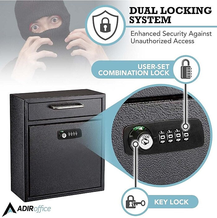 Black Medium Drop Box Wall Mounted Locking Mail Box with Key and Combination lock with Suggestion Cards