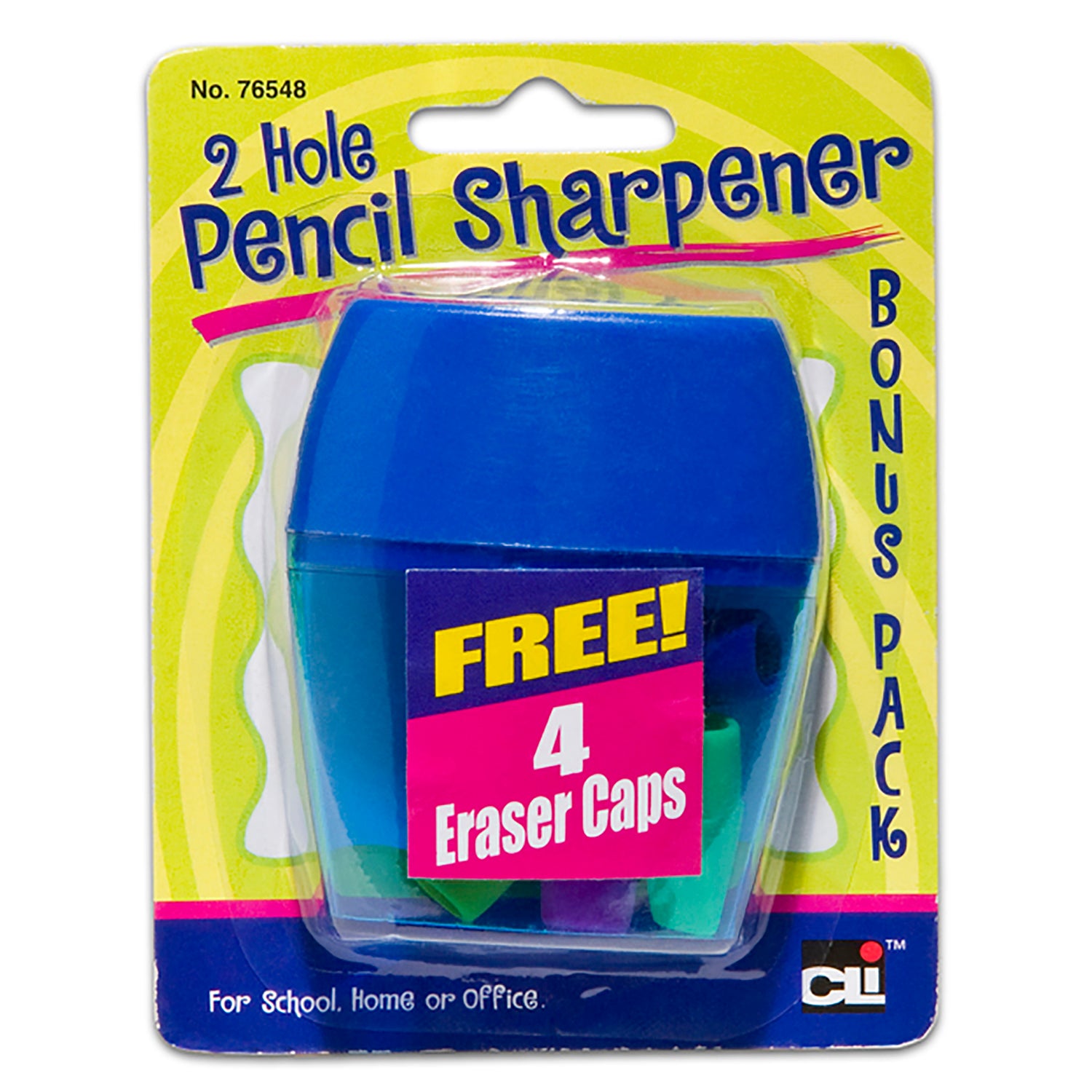 Two-Hole Pencil Sharpener w/Catcher, Bonus Erasers, Assorted Colors, Set of 12