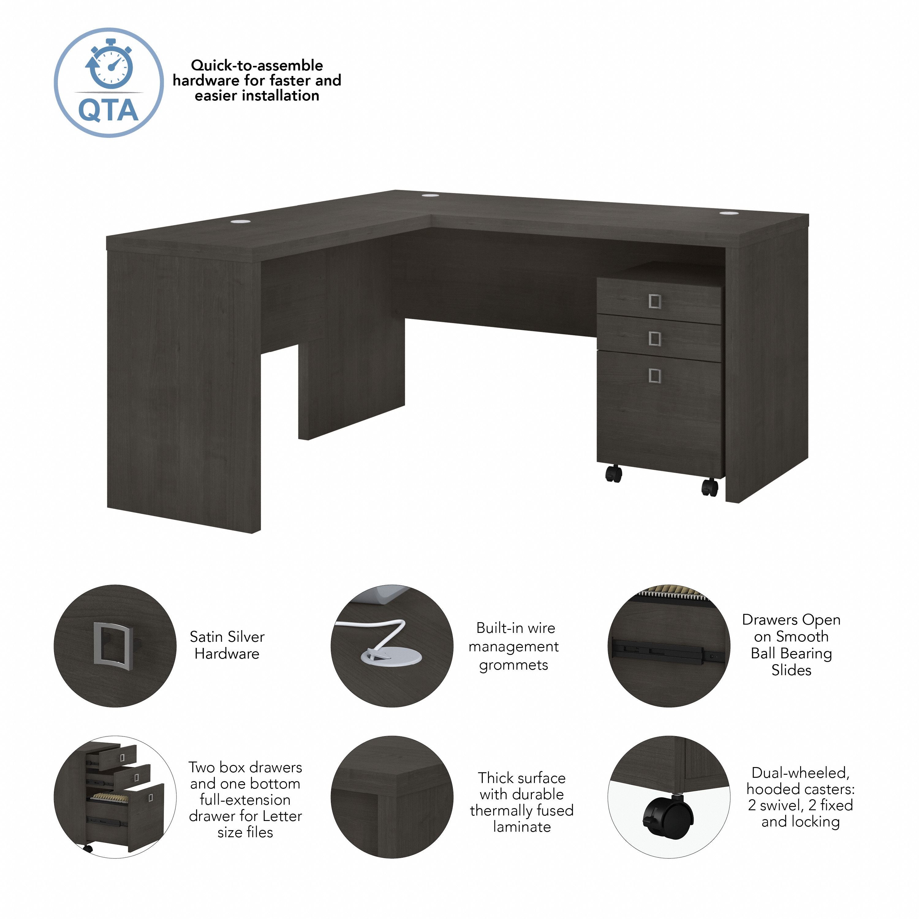 Bush Business Furniture Echo L Shaped Desk with Mobile File Cabinet in Charcoal Maple - 60" Width x 59.84" Depth x 30" Height