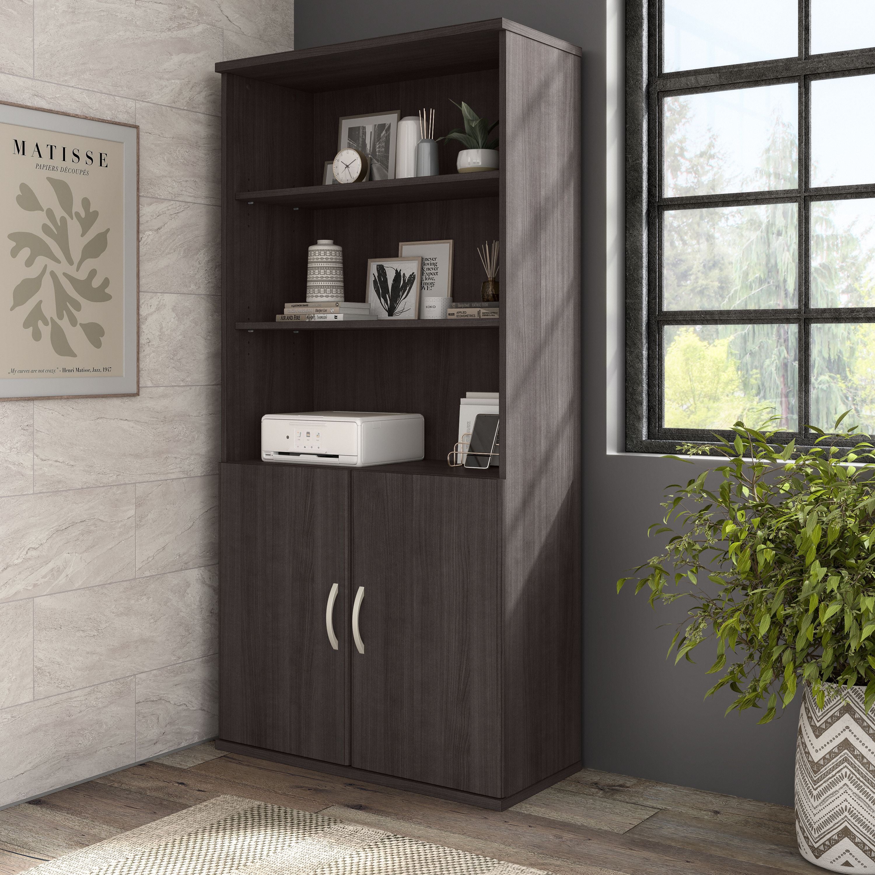 Bush Business Furniture Hybrid Tall 5 Shelf Bookcase with Doors in Storm Gray - 35.71" Width x 15.43" Depth x 72.8" Height