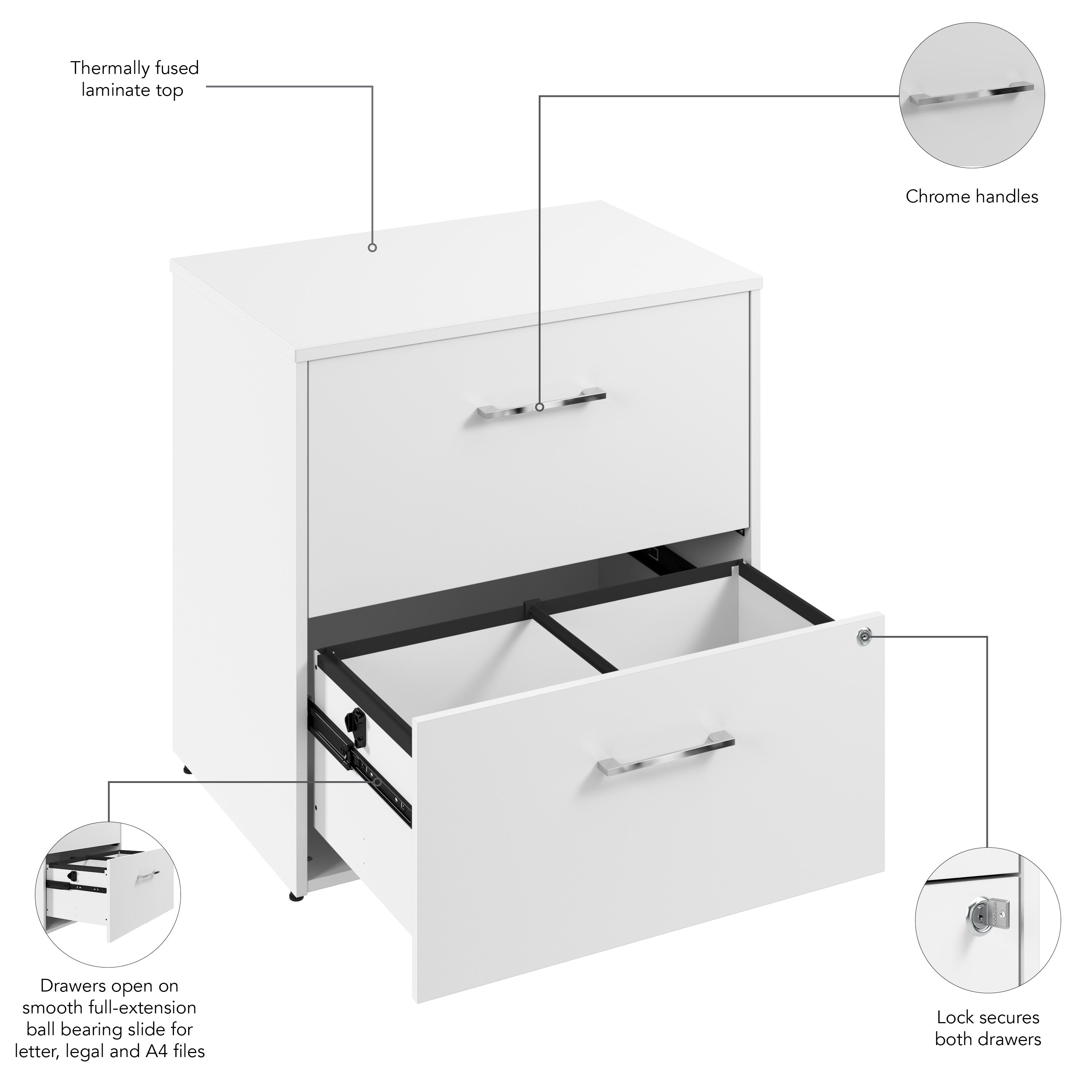 Bush Business Furniture Hustle 2 Drawer Lateral File Cabinet with Lock in White - Assembled - 29.65" Width x 19.61" Depth x 30" Height