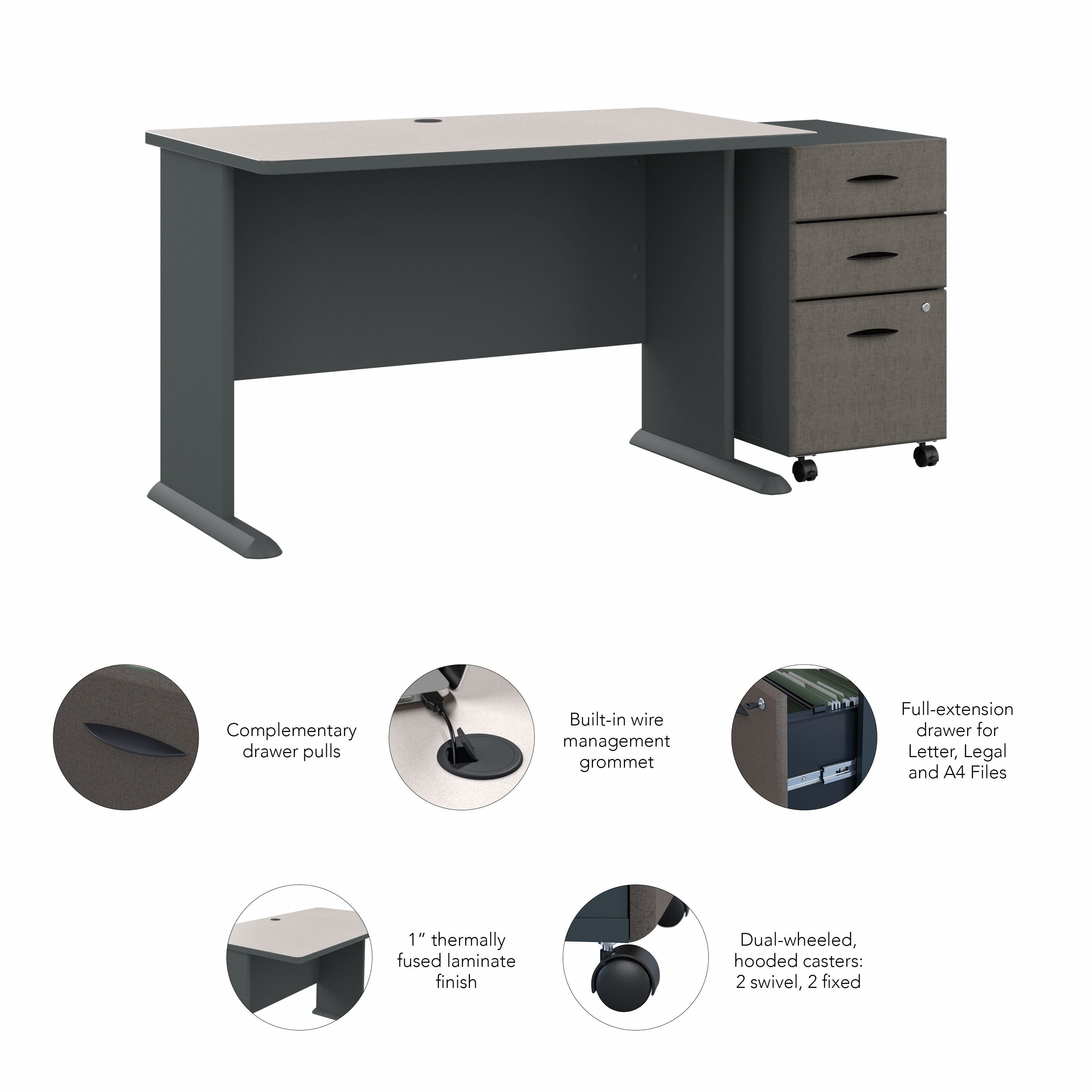 Bush Business Furniture Series A 48W Desk with Mobile File Cabinet in Slate and White Spectrum - 47.52" Width x 26.81" Depth x 29.66" Height