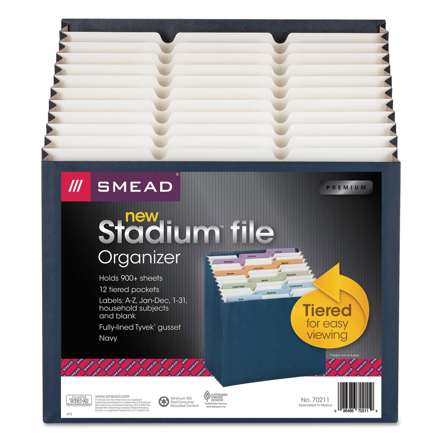 Smead 1/3 Tab Cut Letter Recycled Expanding File - 8 1/2" x 11" - 7/8" Expansion - 12 Pocket(s) - Top Tab Location - Assorted Tab Position - 11 Divider(s) - Navy - Tear Resistant - 10% Recycled - 1 Each