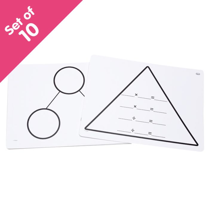 Write-On/Wipe-Off Fact Family Triangle Mats: Multiplication set of 10