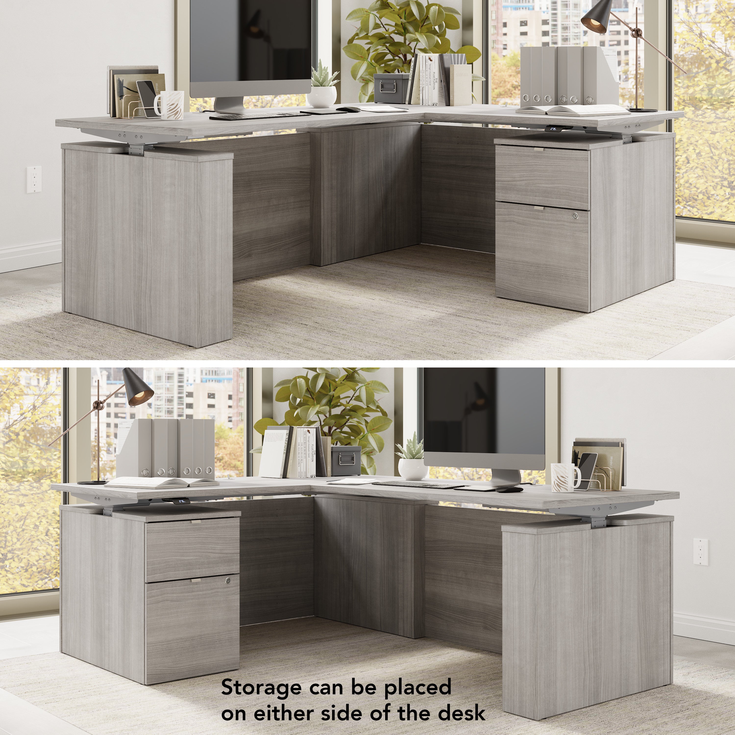 Bush Business Furniture Stratus&nbsp;60W x&nbsp;78D Height Adjustable L Shaped Standing Desk with File Cabinet in Platinum Gray with Metallic Gray Base - 59.45" Width x 76.97" Depth x 27.44" Height