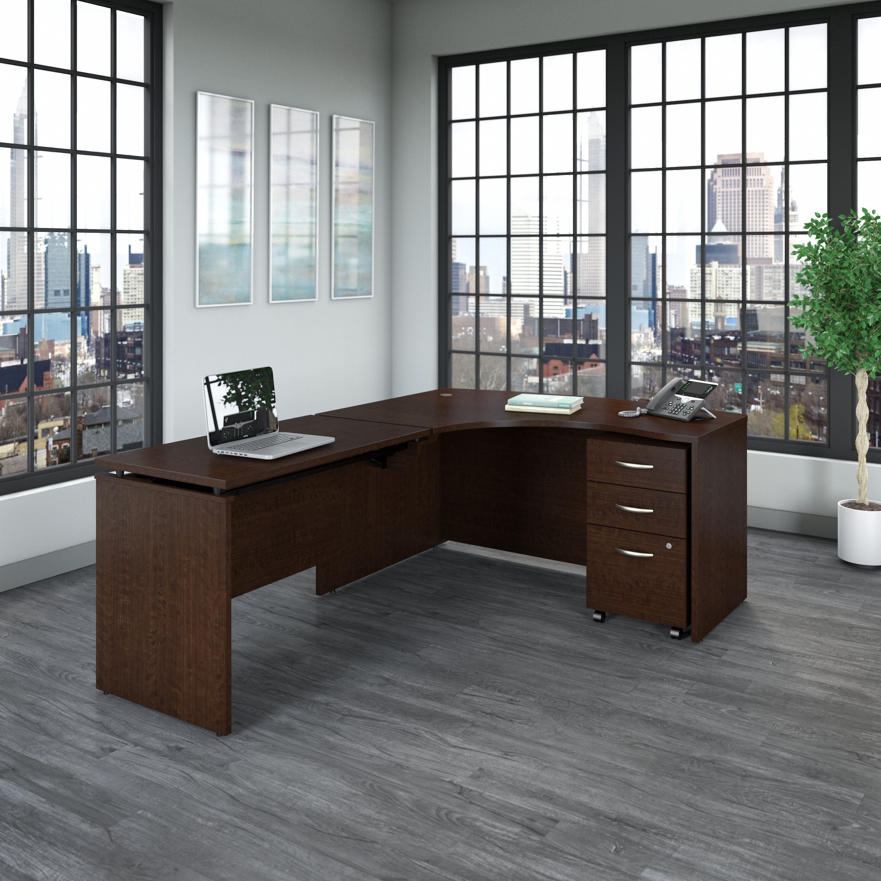 Bush Business Furniture Series C 60W x 43D Left Hand 3 Position Sit to Stand L Shaped Desk with Mobile File Cabinet in Mocha Cherry - 58.86" Width x 85.51" Depth x 29.84" Height