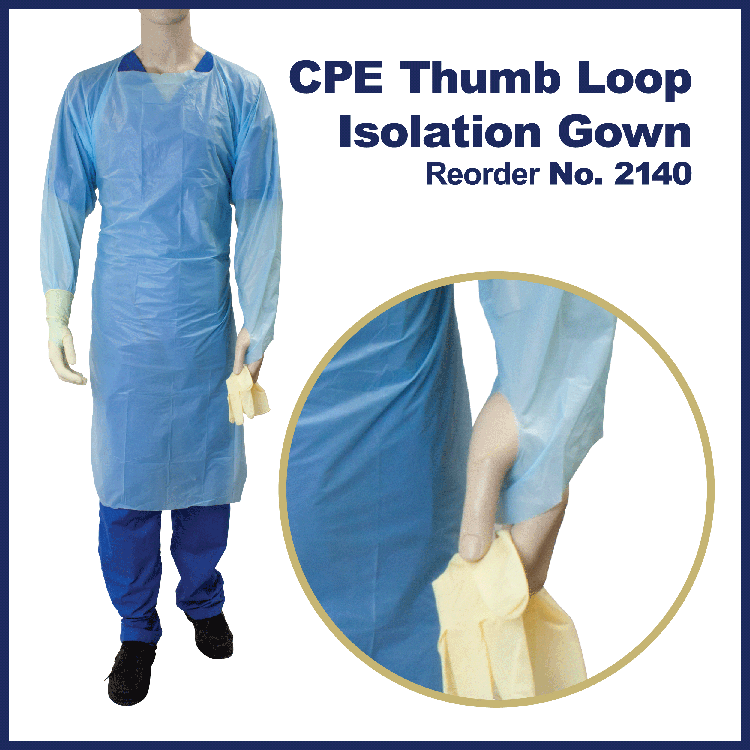 CPE Thumb Loop Isolation Gown, Blue - 15 pcs per Box/5 Bags per Case