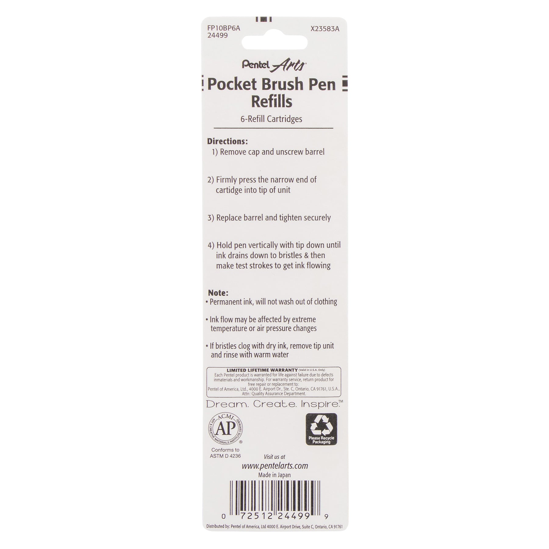 Pocket Brush Pen Refills, Black Ink, Pack of 6