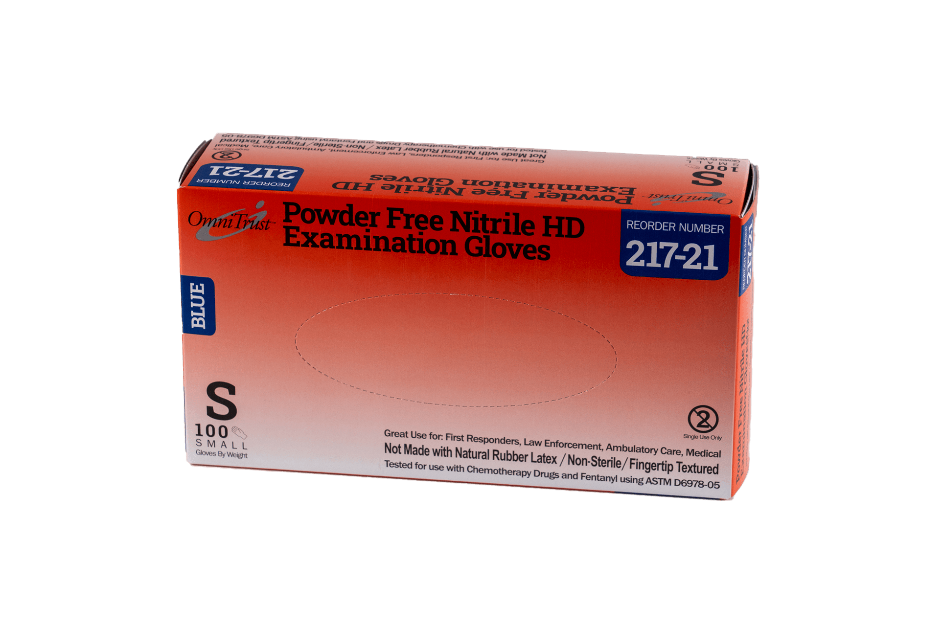 OmniTrust Nitrile Powder Free HD Chemo and Fentanyl Resistant Blue Exam Gloves (Small), 100 Pcs/Box, 10 Box/Cs