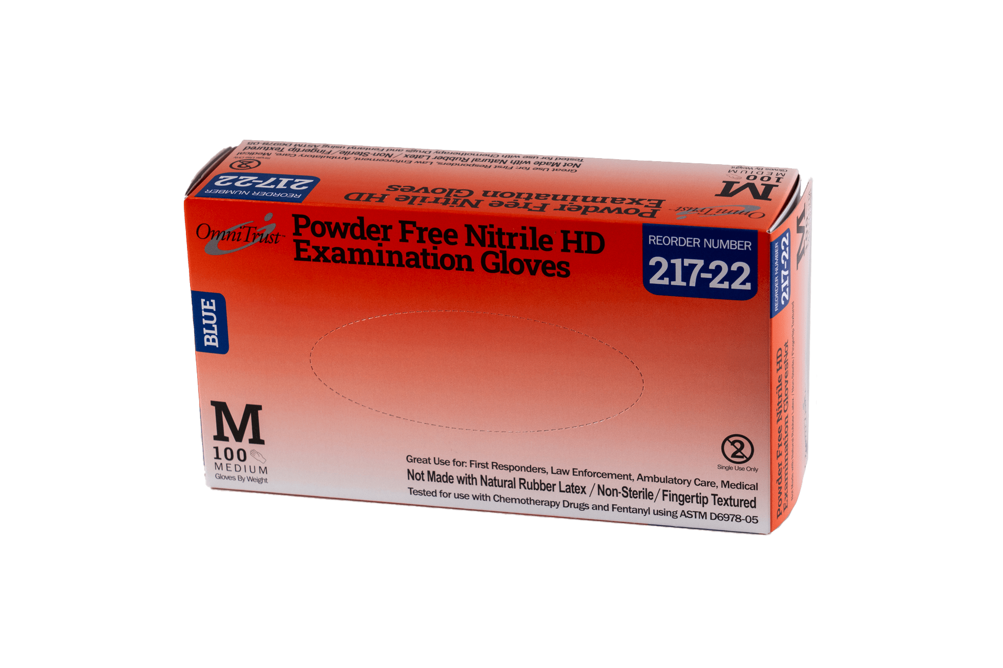 OmniTrust Nitrile Powder Free HD Chemo and Fentanyl Resistant Blue Exam Gloves (Medium), 100 Pcs/Box, 10 Box/Cs