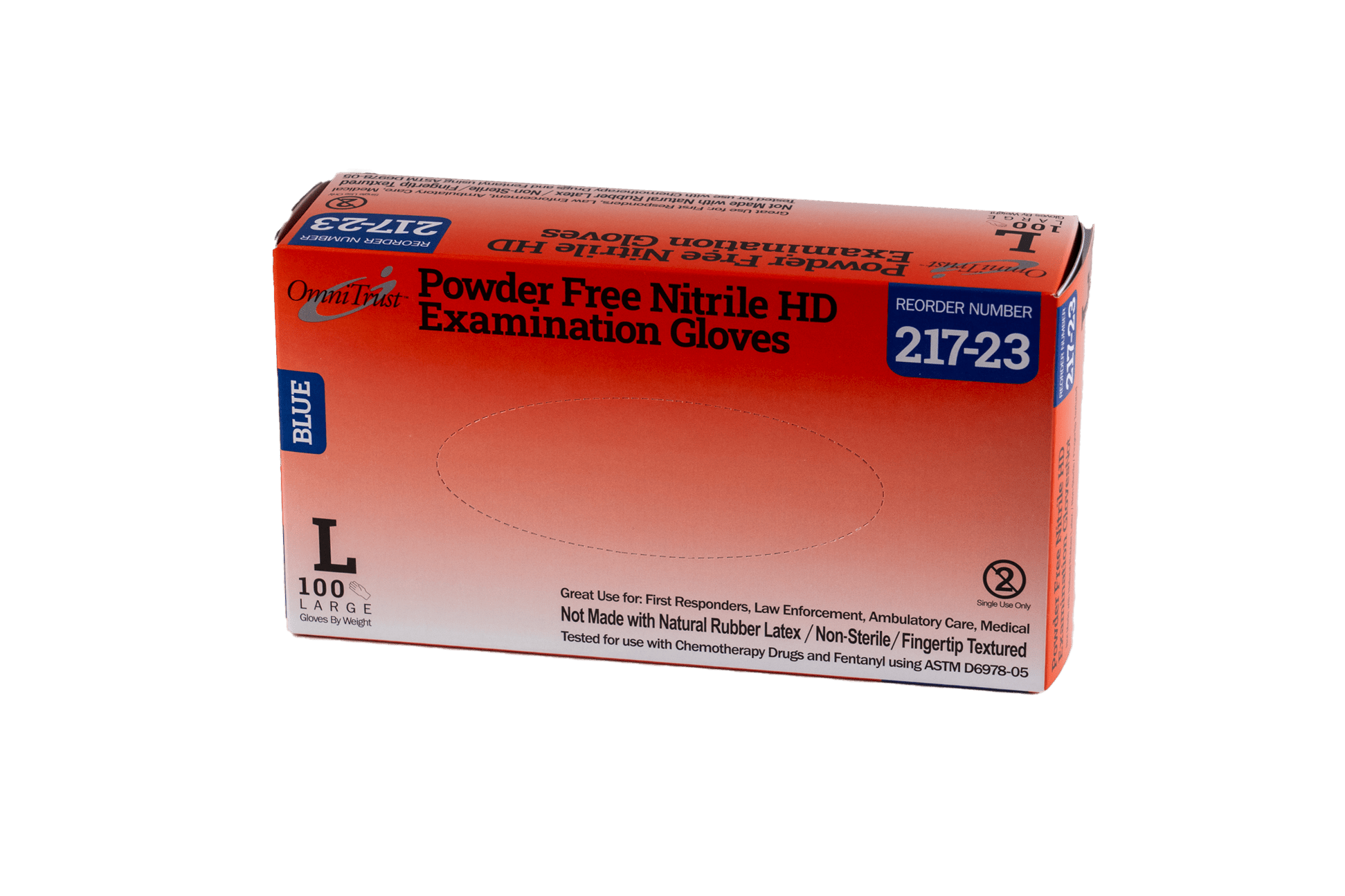 OmniTrust Nitrile Powder Free HD Chemo and Fentanyl Resistant Blue Exam Gloves (Large), 100 Pcs/Box, 10 Box/Cs