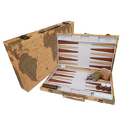 Tan Map Style Leatherette Backgammon Set, 18 x 11 in. closed