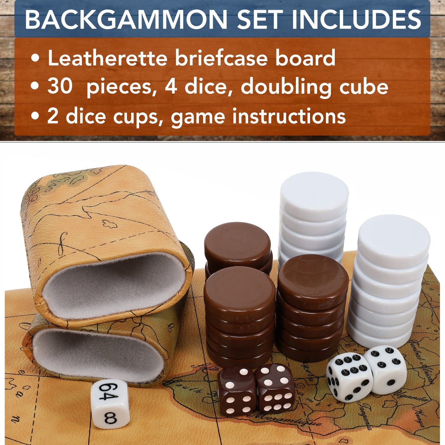 Tan Map Style Leatherette Backgammon Set, 14.75 x 9.75 in. closed