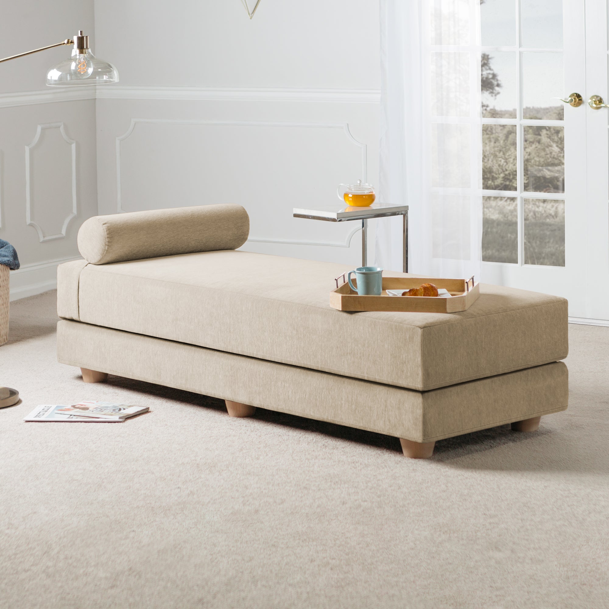 Jaxx Alon Daybed/Fold-Out Sleeper, Queen-Size Mattress - Premium Chenille, Beige