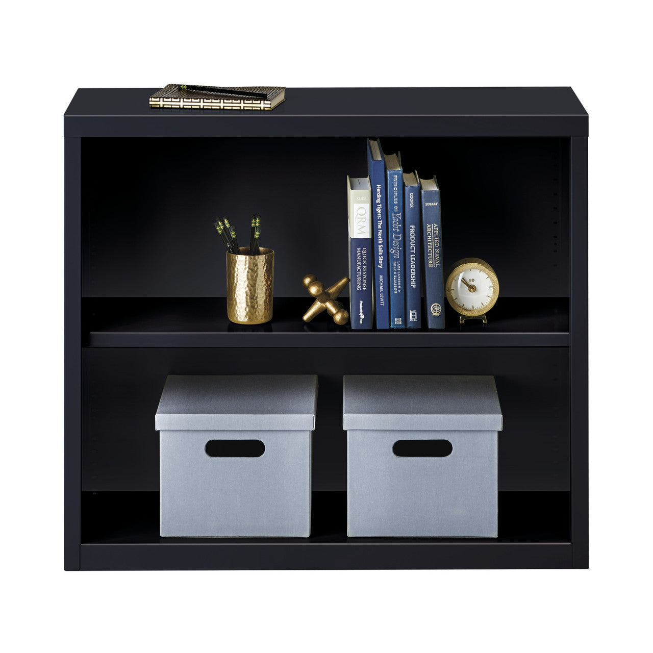 OfficeSource Steel Bookcase HIRSCH 2 Shelf Metal Bookcase, 30" High - Black