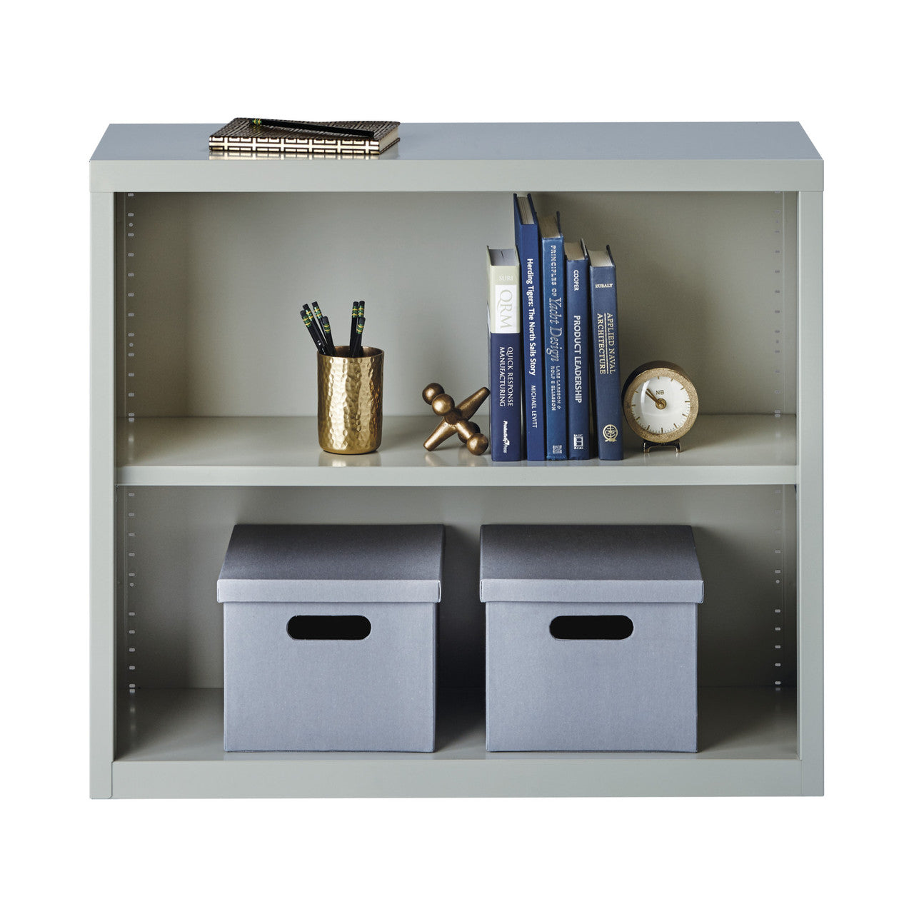 OfficeSource Steel Bookcase HIRSCH 2 Shelf Metal Bookcase, 30" High - Light Gray