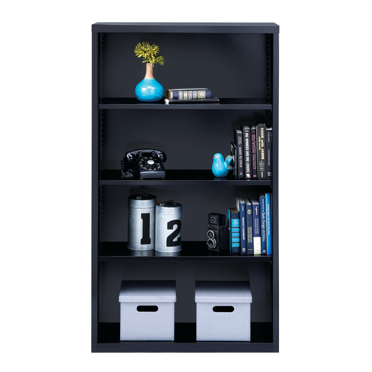 OfficeSource Steel Bookcase HIRSCH 4 Shelf Metal Bookcase, 60" High - Black