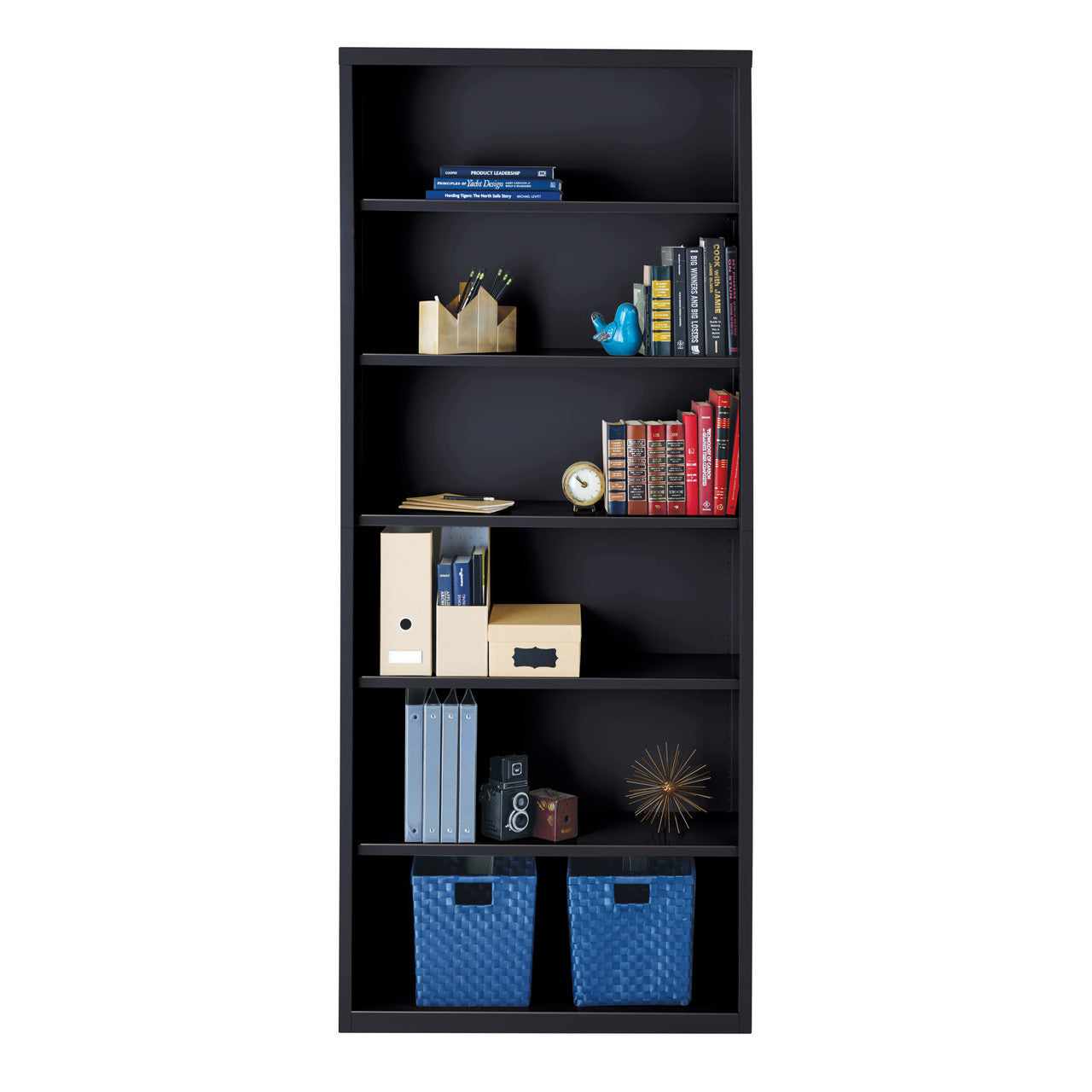 OfficeSource Steel Bookcase HIRSCH 6 Shelf Metal Bookcase, 82" High - Black
