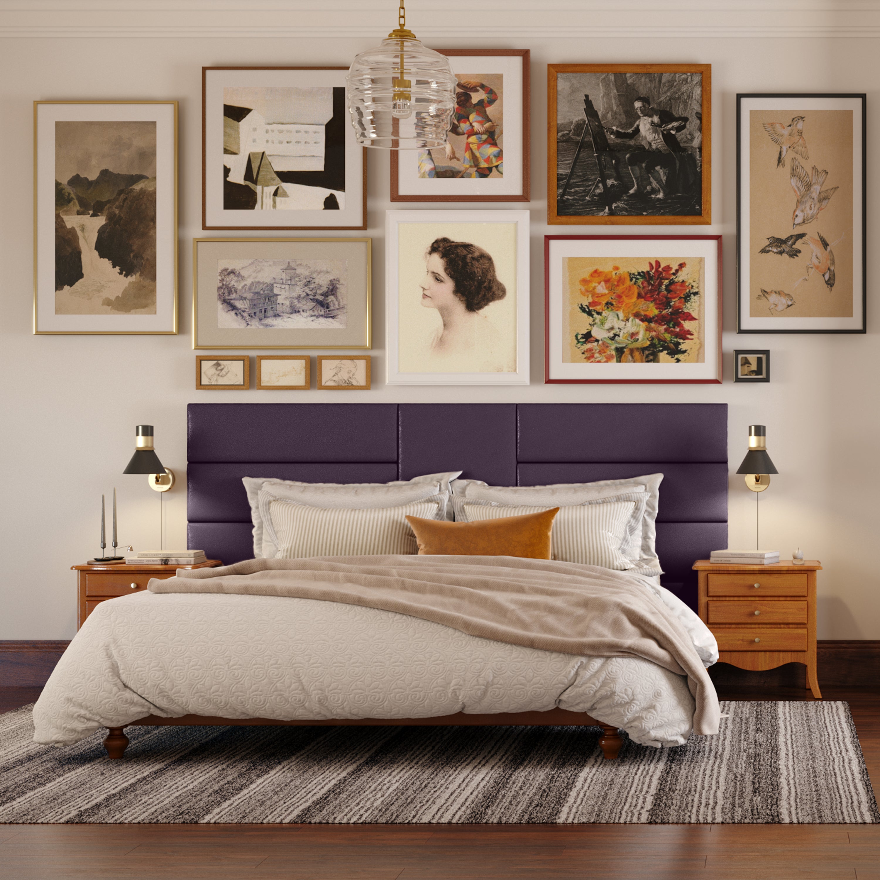 Jaxx Panelist Modern Padded Headboard- Set of 2 Wall Mounted Panels (Each 22.5" x 38")- King Double Tall, Vegan Leather, Kalamata Purple