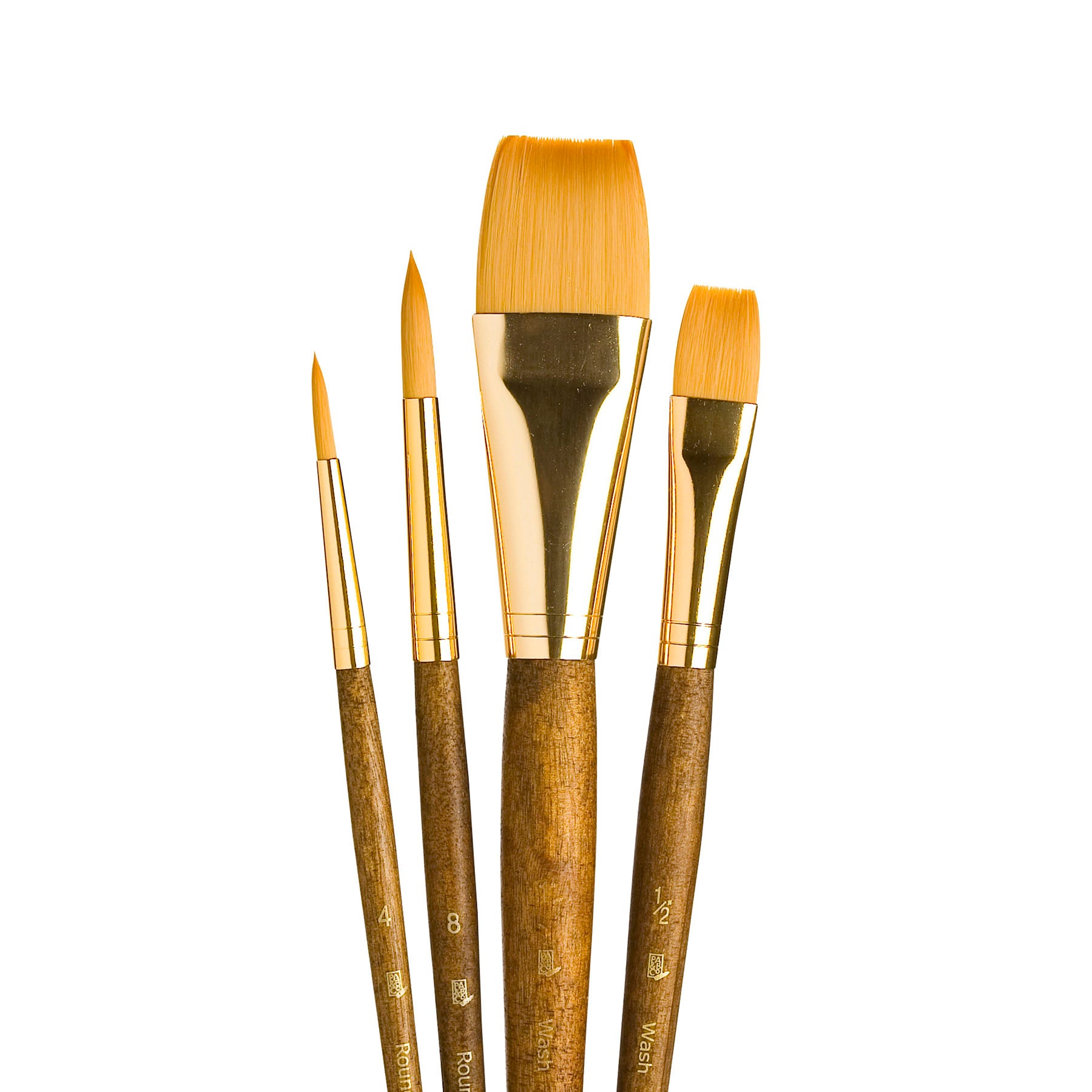 RealValue Brush Set, Gold Taklon Bristles, Short Handle Mixed Media Paintbrush, Brown, 4 Pieces