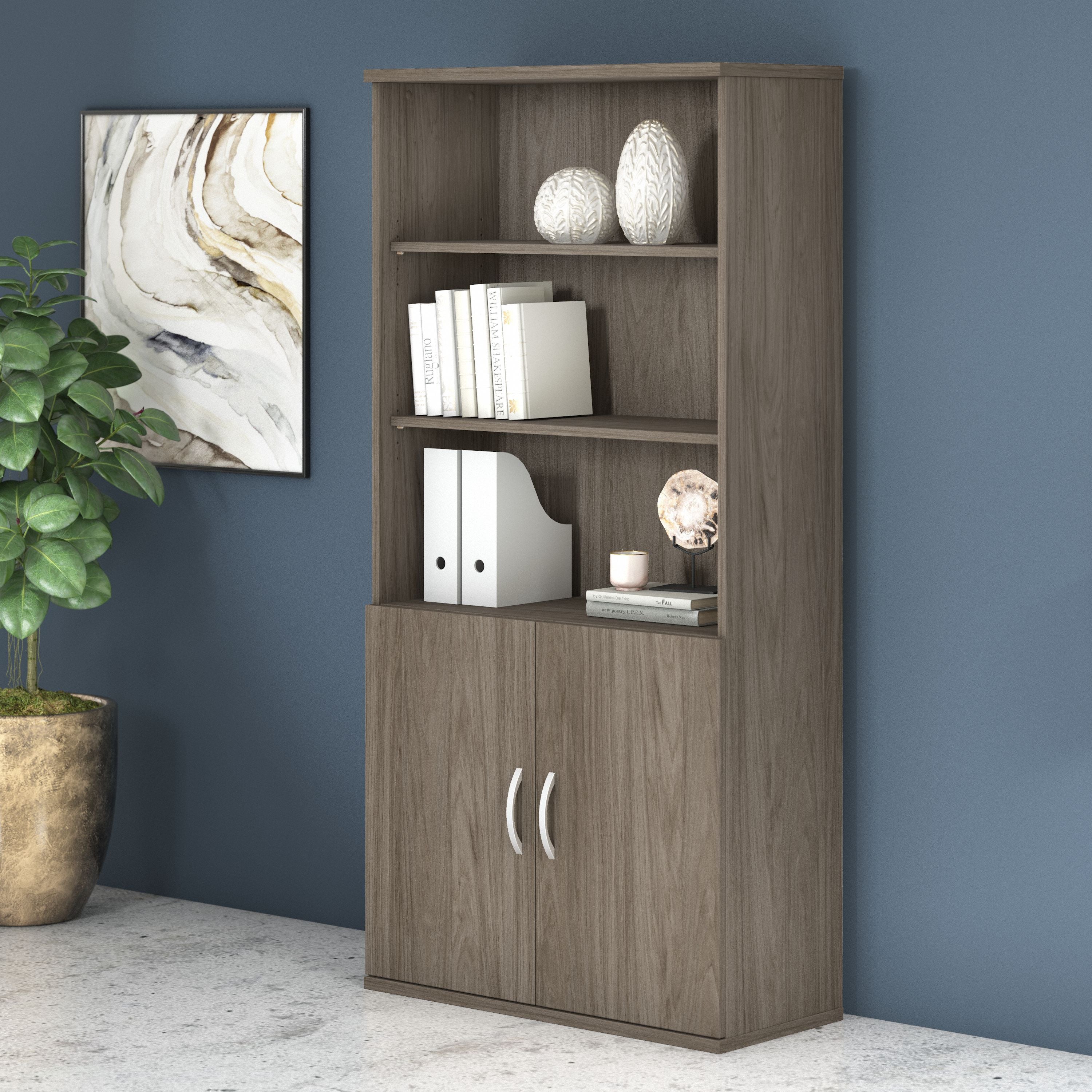 Bush Business Furniture Studio C Tall 5 Shelf Bookcase with Doors in Modern Hickory - 35.71" Width x 15.43" Depth x 72.8" Height