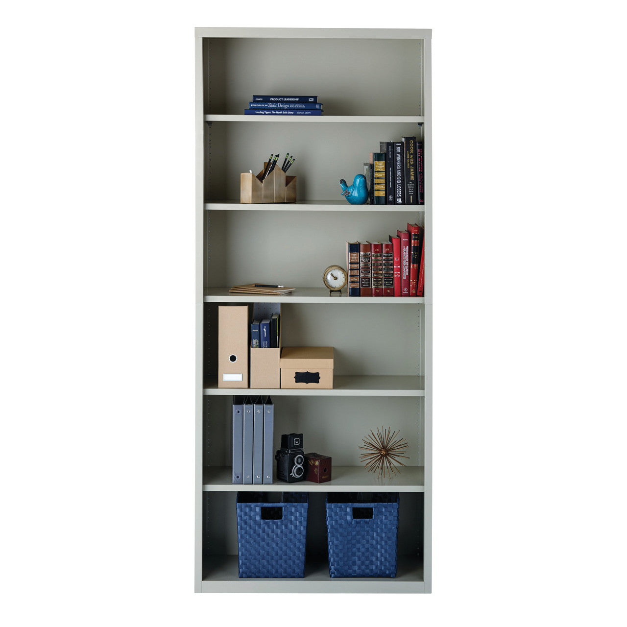 OfficeSource Steel Bookcase HIRSCH 6 Shelf Metal Bookcase, 82" High - Light Gray