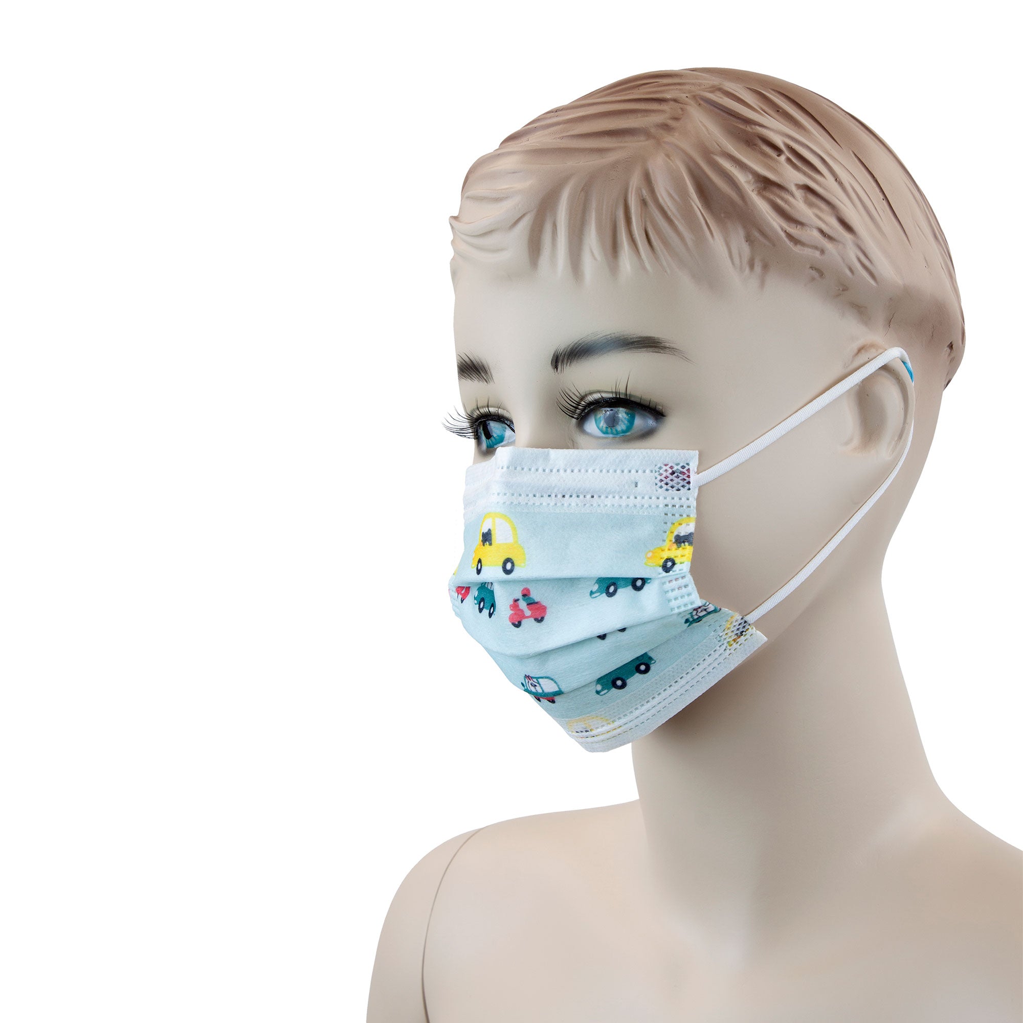 Child Face Mask, Car Print / Blue Background - 50 pcs per Box/12 boxes per Case
