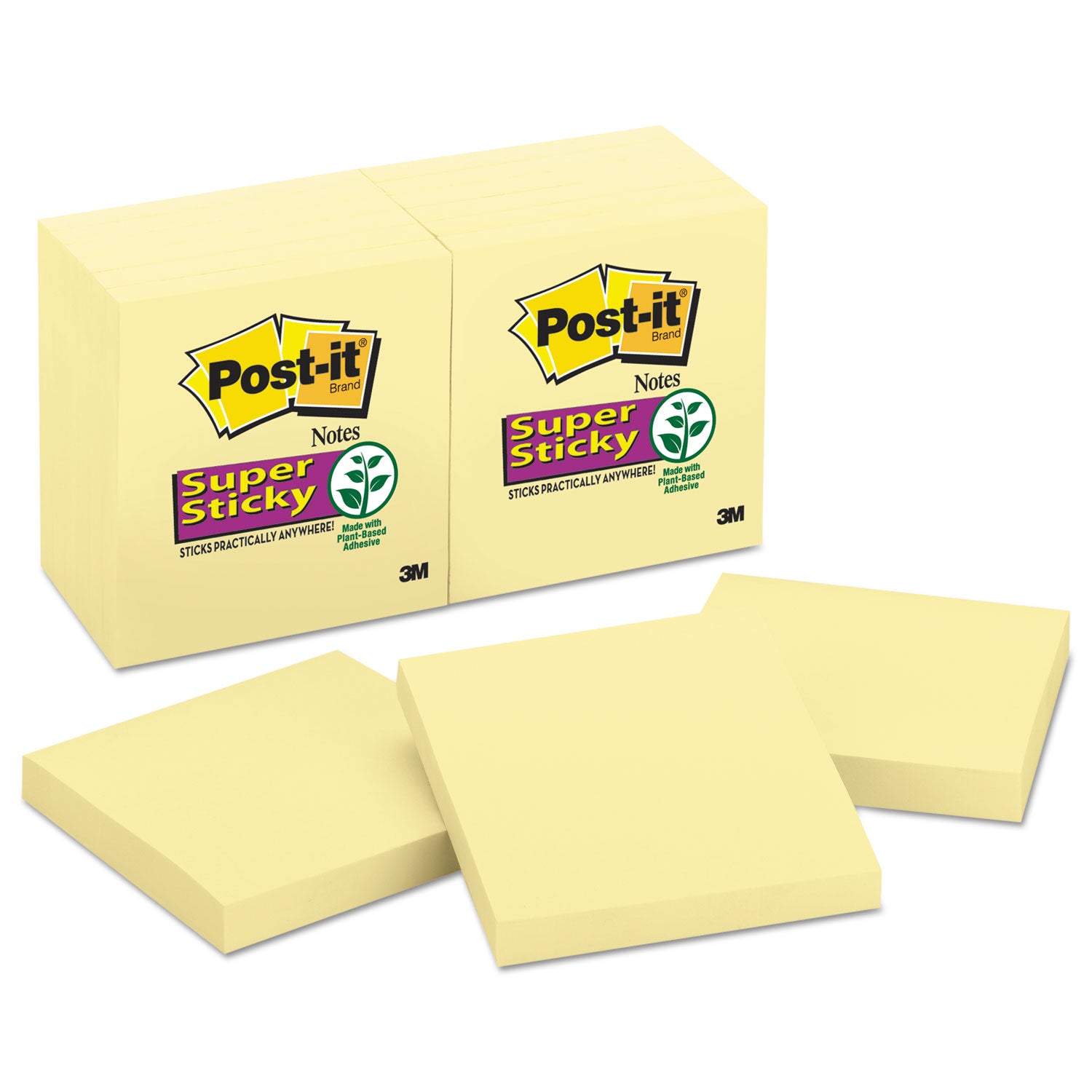 Post-it&reg; Super Sticky Notes - 1080 - 3" Flag/Note Width x 3" Flag/Note Length - Square - 90 Sheets per Pad - Unruled - Canary Yellow - Paper - Self-adhesive - 12 / Pack