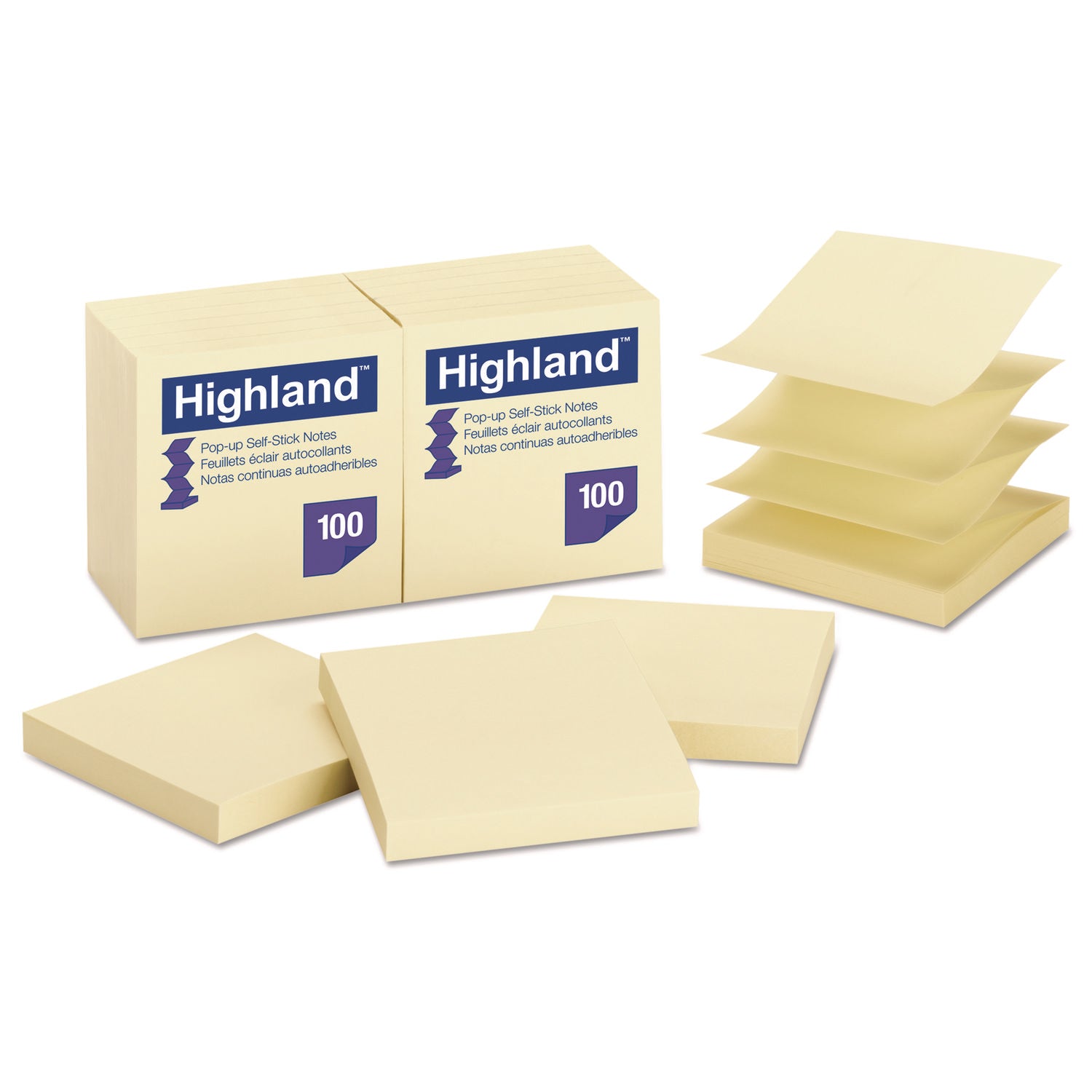 Highland Self-sticking Notepads - 1200 - 3" Flag/Note Width x 3" Flag/Note Length - Square - 100 Sheets per Pad - Unruled - Yellow - Paper - Self-adhesive, Repositionable, Removable, Pop-up - 1 Pack