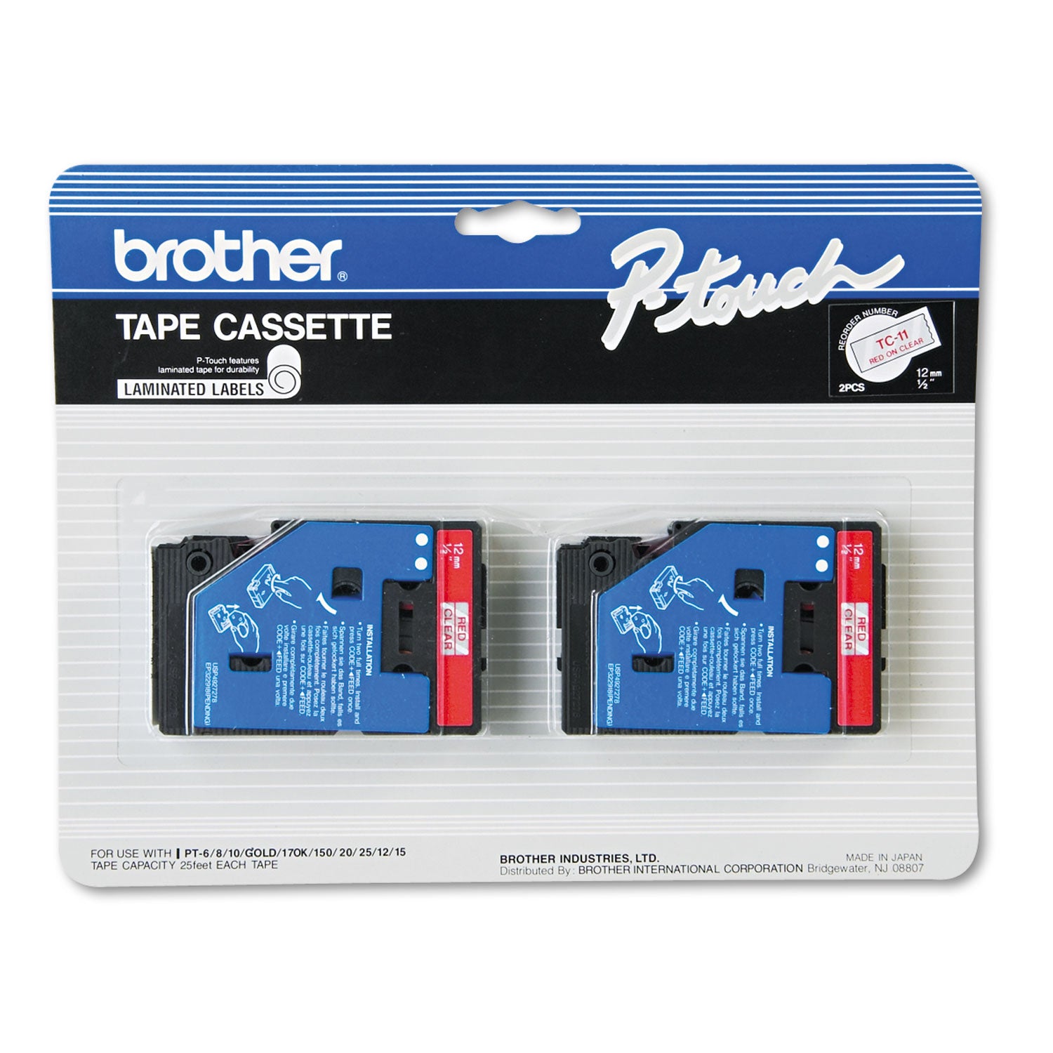 Tc Tape Cartridges For P-Touch Labelers, 0.47" X 25.2 Ft, Red On Clear, 2/pack