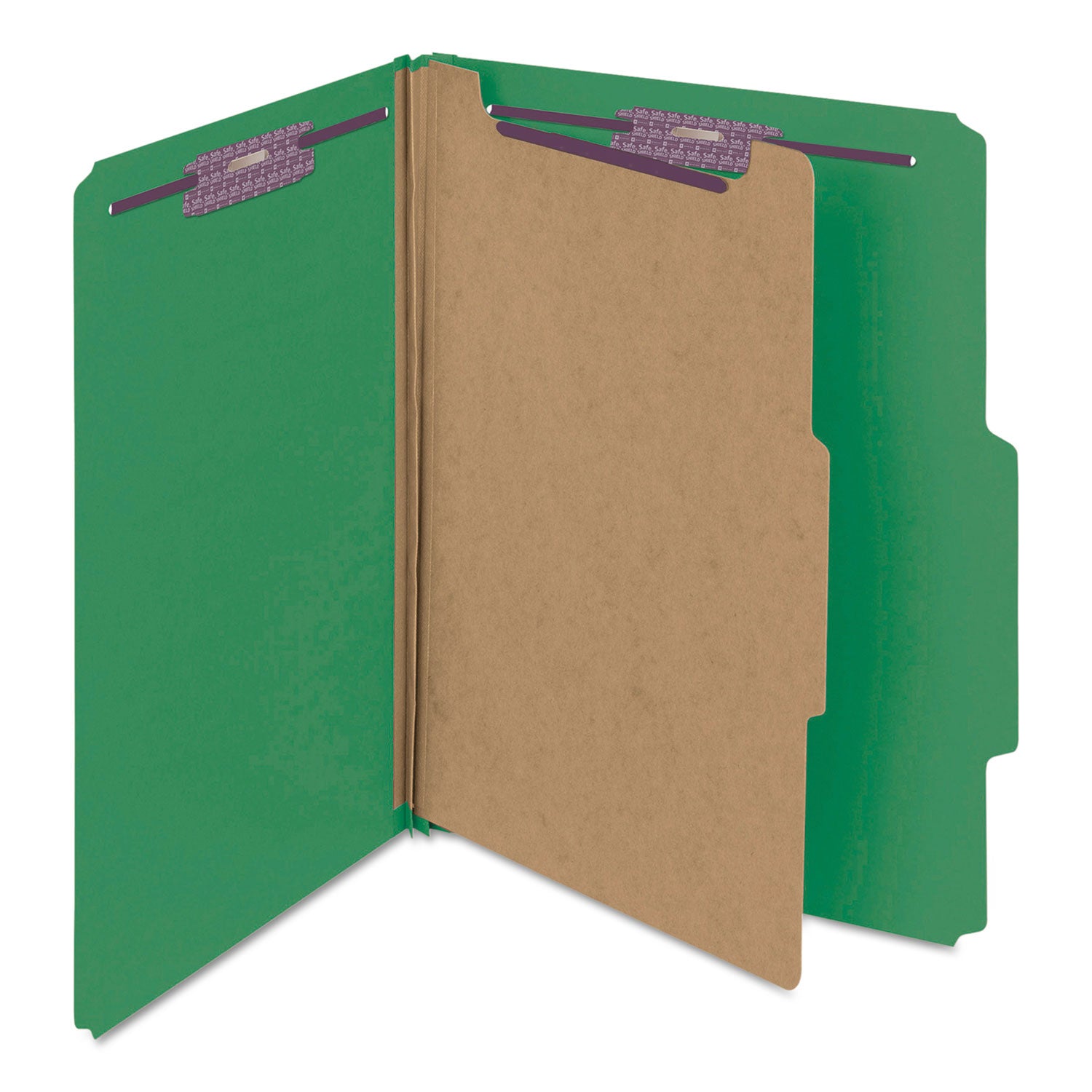Smead SafeSHIELD 2/5 Tab Cut Letter Size Recycled Classification Folders, 2" Expansion, 1 Divider, 2 Fasteners, Green, Heavy Duty Pressboard, 10/Box