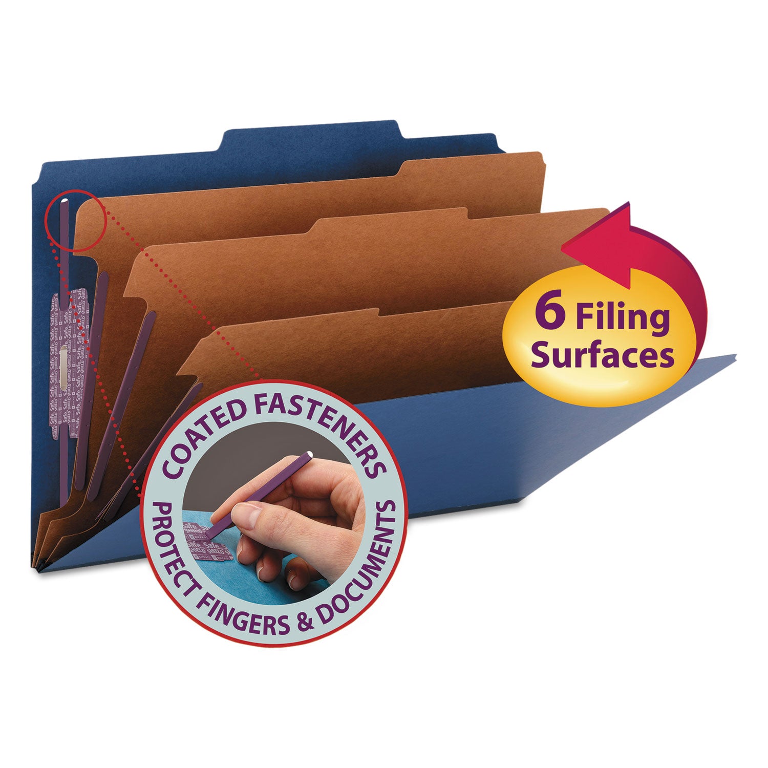 Smead SafeSHIELD 2/5 Tab Cut Legal Classification Folders, 3 Dividers, 2 Fasteners, 3" Expansion, 25 pt. Pressboard, Dark Blue, 100% Recycled, 10/Box