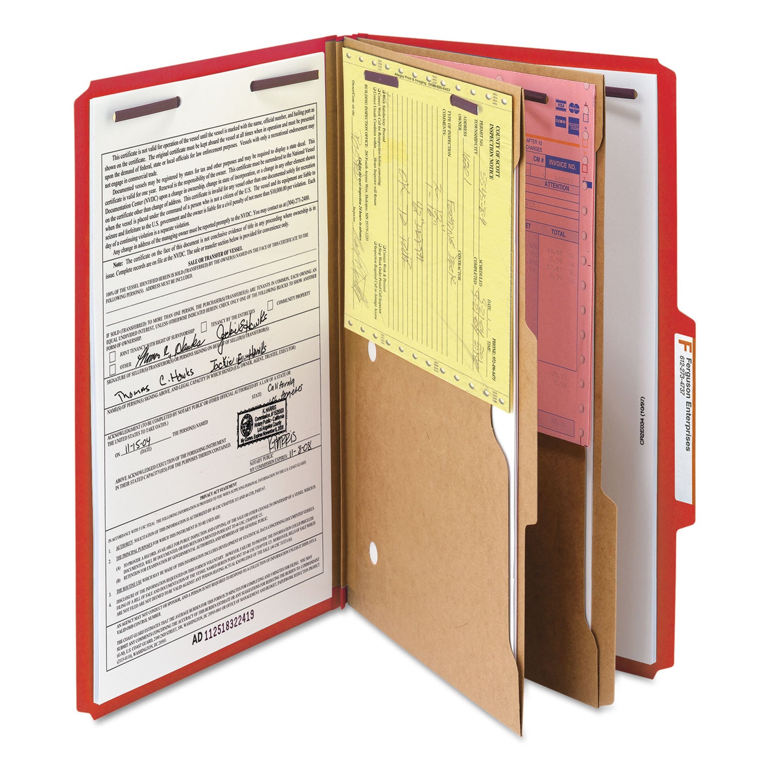 Smead SafeSHIELD 2/5 Tab Cut Legal Classification Folder, 8 1/2" x 14", 2" Expansion, 2 Fasteners, 2 Pockets, 2 Dividers, Bright Red, 25 pt., 100% Recycled, 10/Box