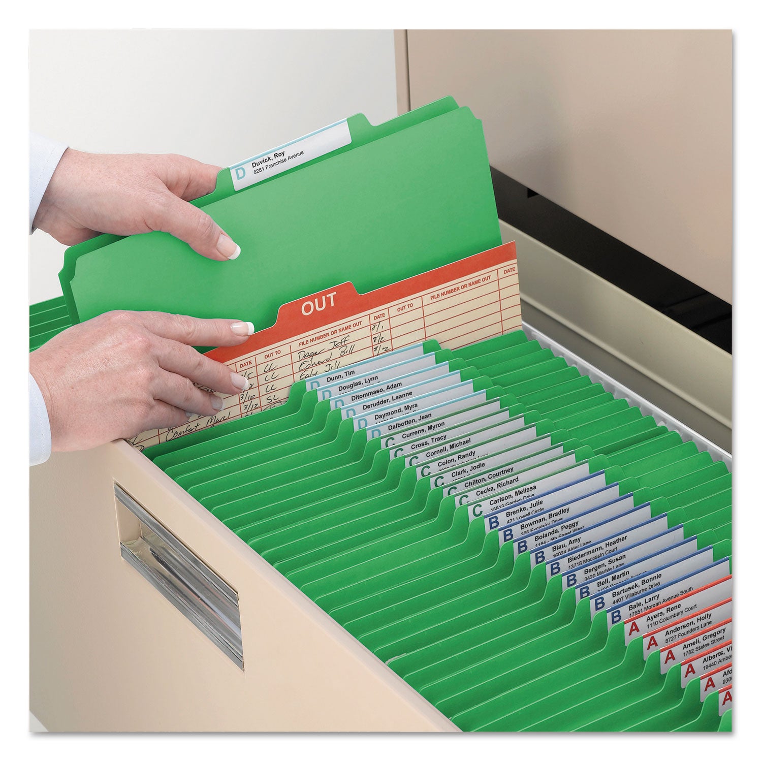 Smead Colored 2/5 Tab Cut Letter Recycled Classification Folders, 8.5" x 11", 2" Expansion, 2 Fasteners, 2 Dividers, Green, 10/Box