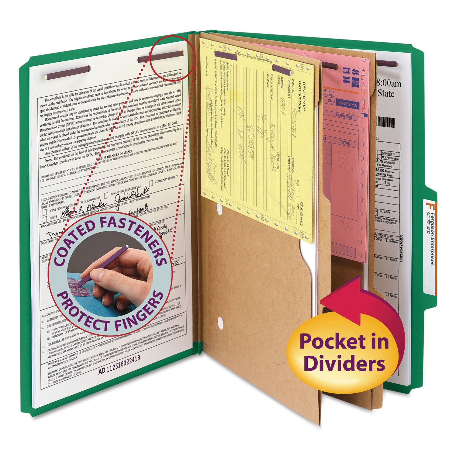 Smead SafeSHIELD Legal Classification Folder, 2/5 Tab Cut, 2" Expansion, 2 Fasteners, 2 Pockets, 2 Dividers, 25 pt. Green Pressboard, 100% Recycled, 10/Box