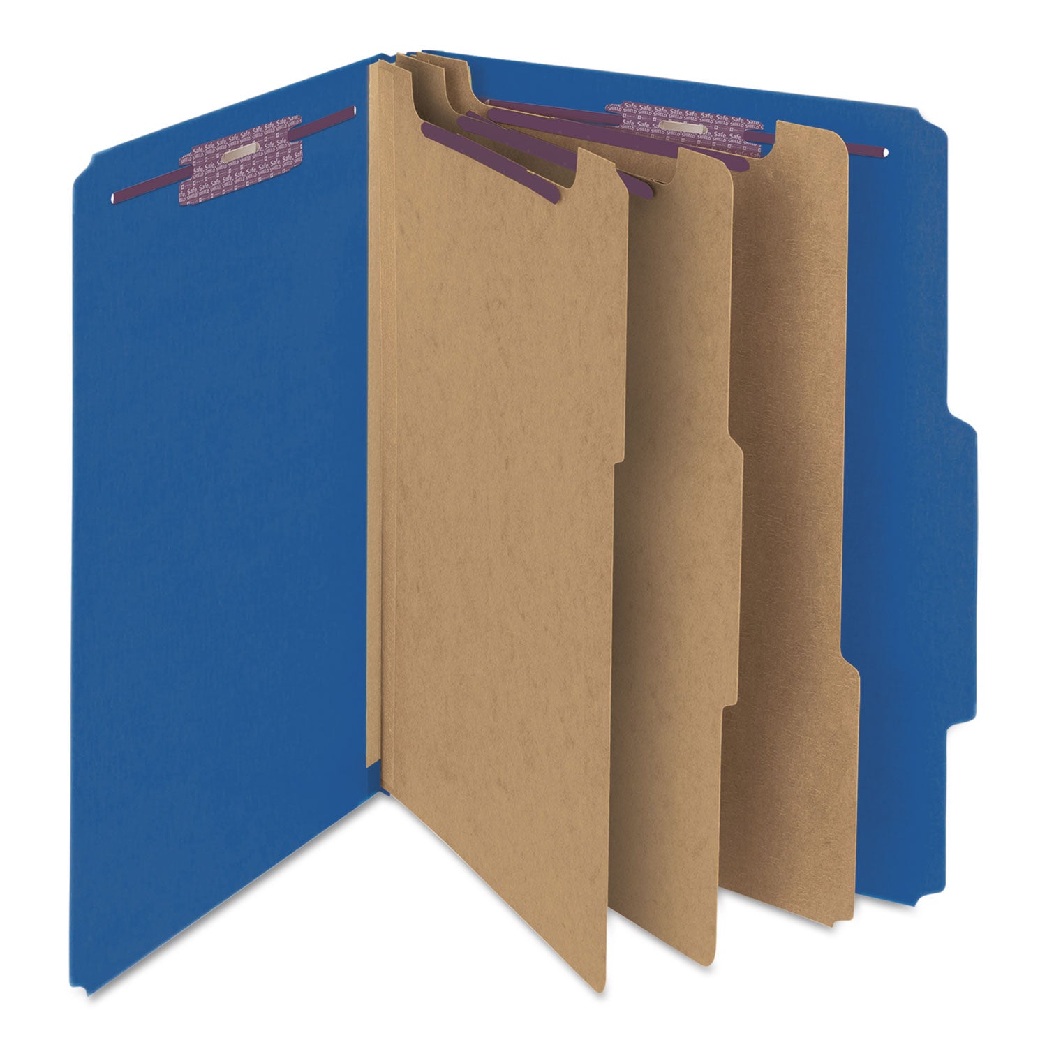 Smead SafeSHIELD 2/5 Tab Cut Legal Classification Folders, 3 Dividers, 2 Fasteners, 3" Expansion, 25 pt. Pressboard, Dark Blue, 100% Recycled, 10/Box
