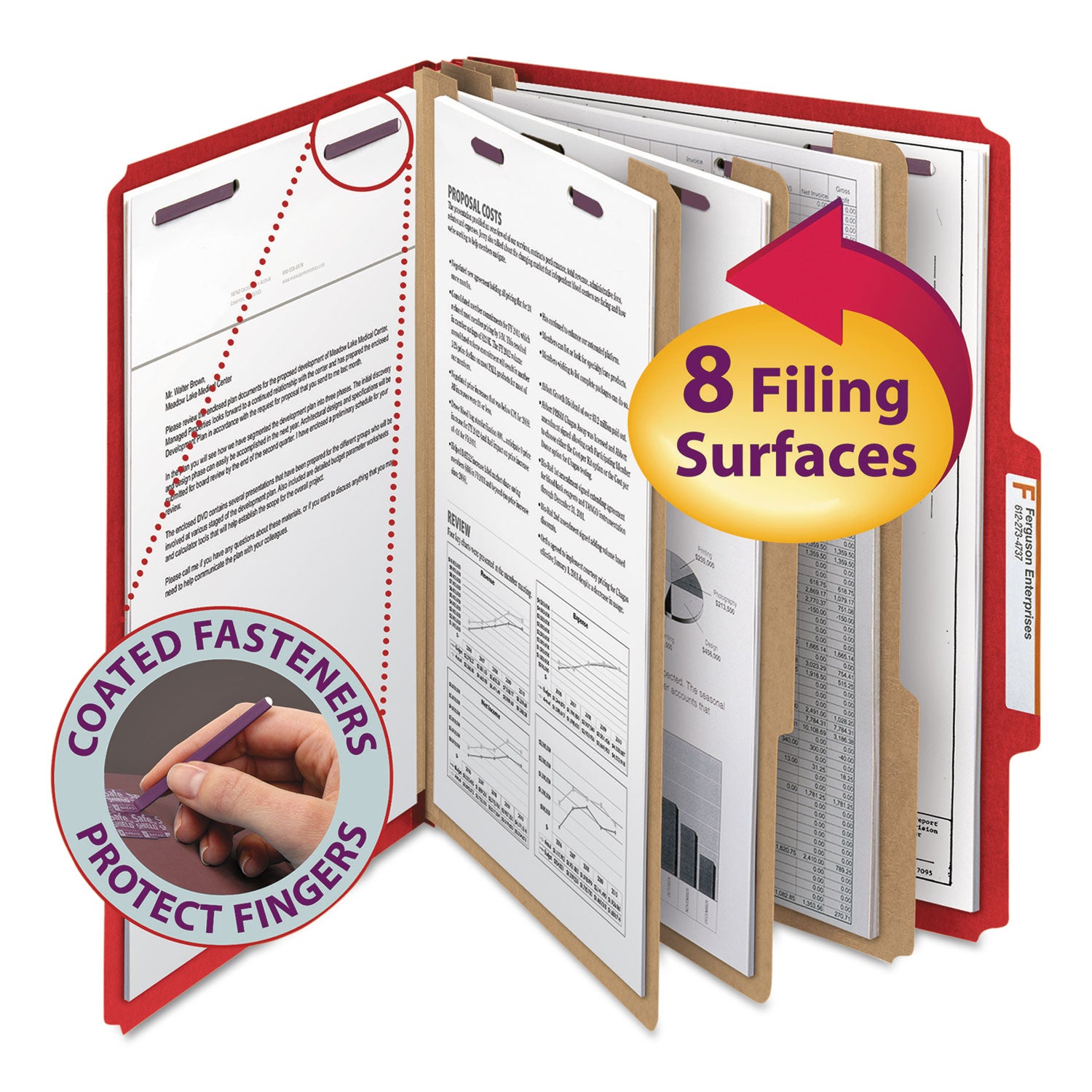 Smead SafeSHIELD 2/5 Tab Cut Letter Size Recycled Classification Folders, 3 Dividers, 2 Fasteners, 3" Expansion, Bright Red, Heavy Duty Pressboard, 100% Recycled, 10/Box