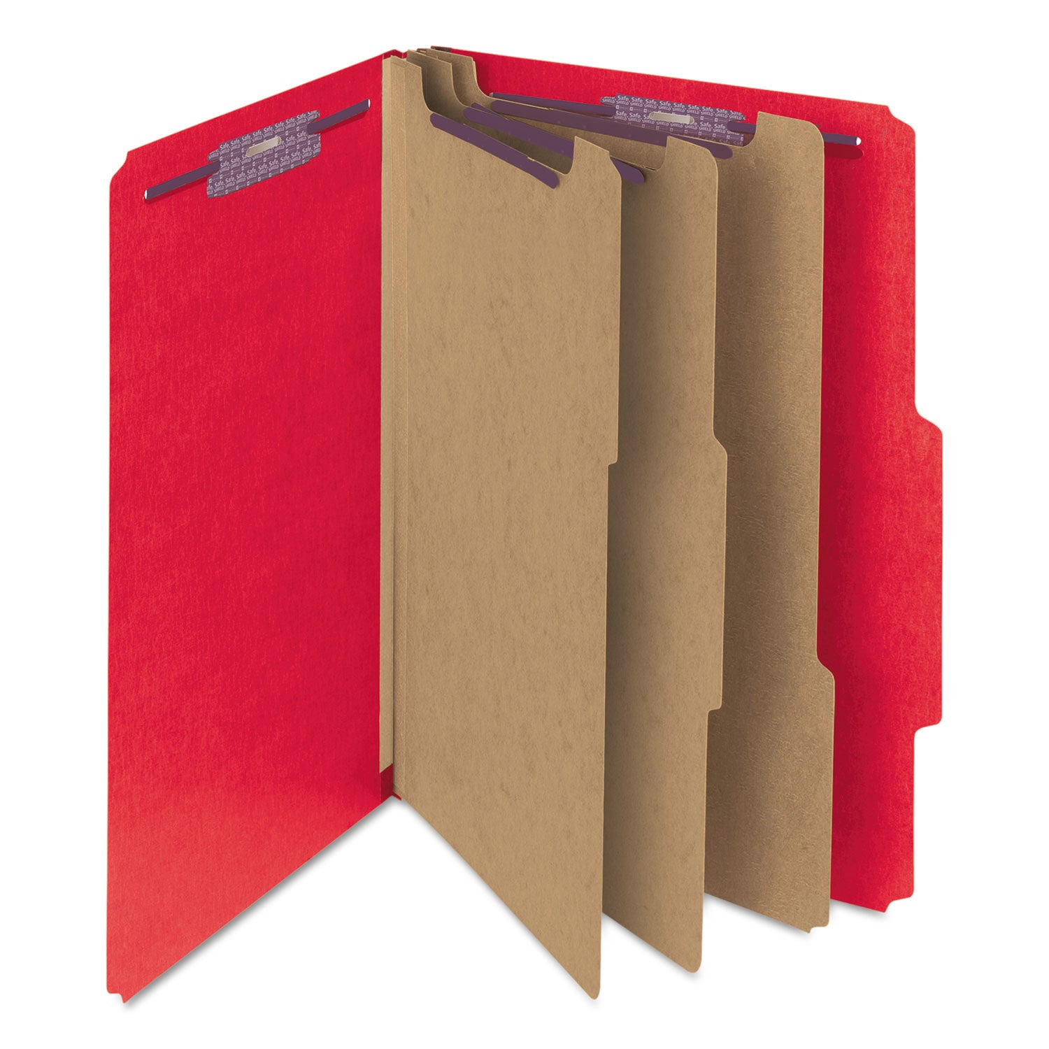 Smead SafeSHIELD 2/5 Tab Cut Letter Size Recycled Classification Folders, 3 Dividers, 2 Fasteners, 3" Expansion, Bright Red, Heavy Duty Pressboard, 100% Recycled, 10/Box