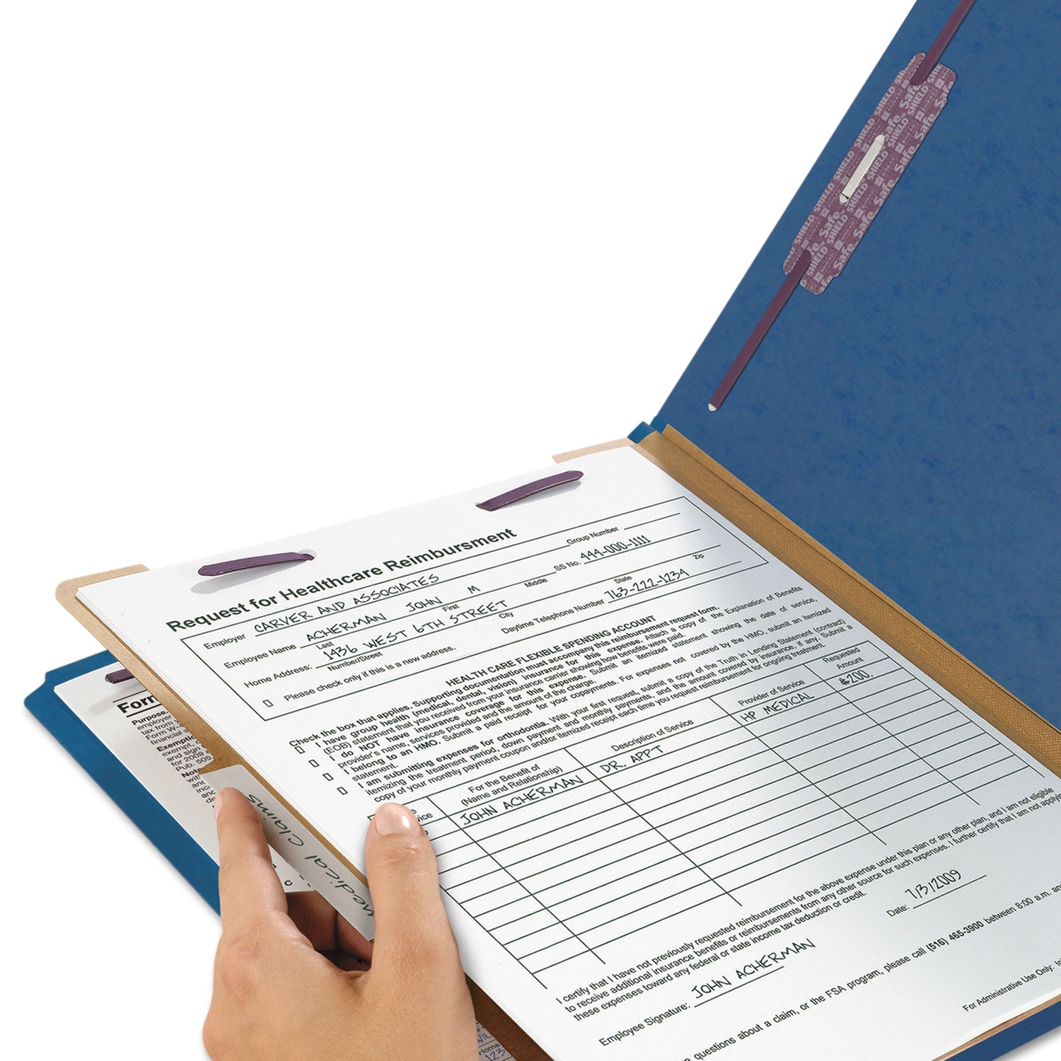 Smead SafeSHIELD 2/5 Tab Cut Legal Recycled Classification Folder, 8.5" x 14", 2" Expansion, 2 Fasteners, 1 Divider, 25 pt. Pressboard, Dark Blue, Heavy Duty, Tear Resistant, 100% Recycled, 10/Box