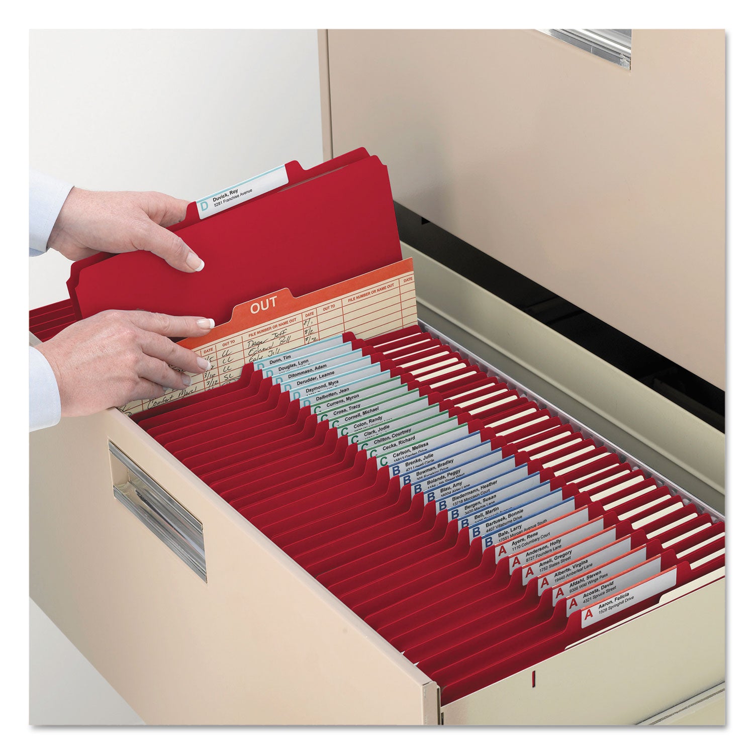 Smead Colored 2/5 Tab Cut Letter Recycled Classification Folder, 8.5" x 11", 2" Expansion, 2 Fasteners, 2 Dividers, Red, 10/Box