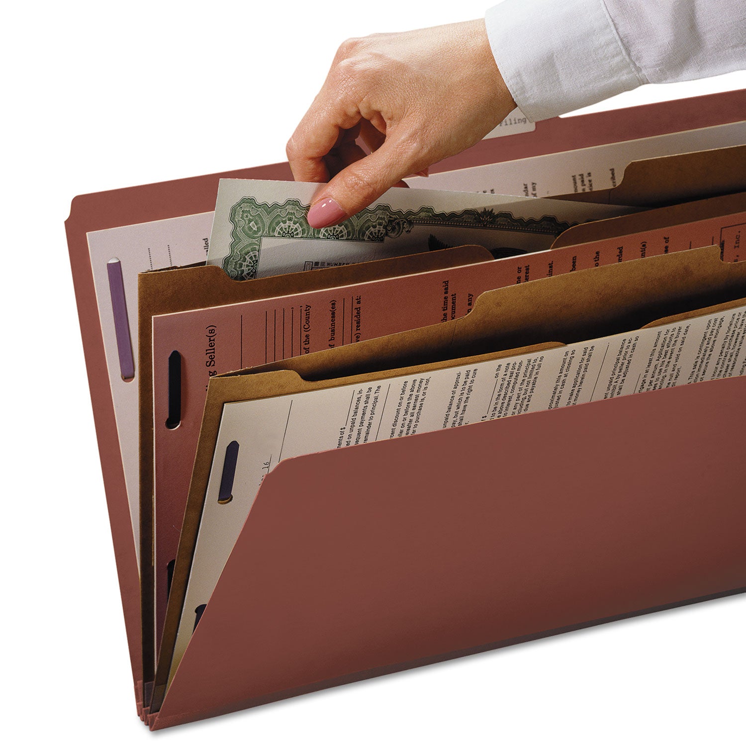 Smead SafeSHIELD 2/5 Tab Cut Legal Recycled Classification Folder, 8 1/2" x 14", 2" Expansion, 2 Fasteners, 2 Pockets, 2 Dividers, Red, Heavy Duty, Tear Resistant, 100% Recycled, 10/Box