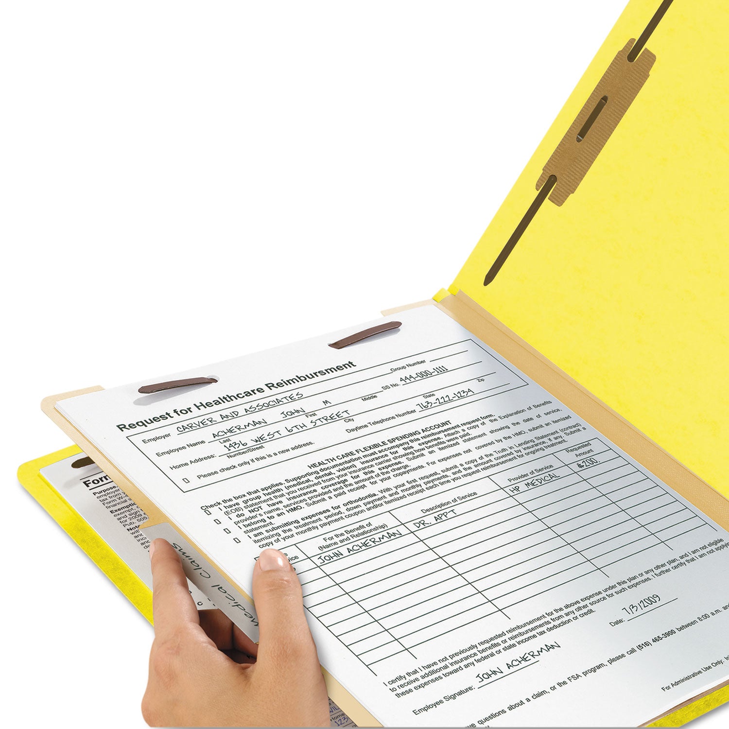 Smead Colored 2/5 Tab Cut Letter Recycled Classification Folder, Yellow, 8.5" x 11", 2" Expansion, 2 Fasteners, 1 Divider, Reinforced Tab, 10% Recycled, 10/Box