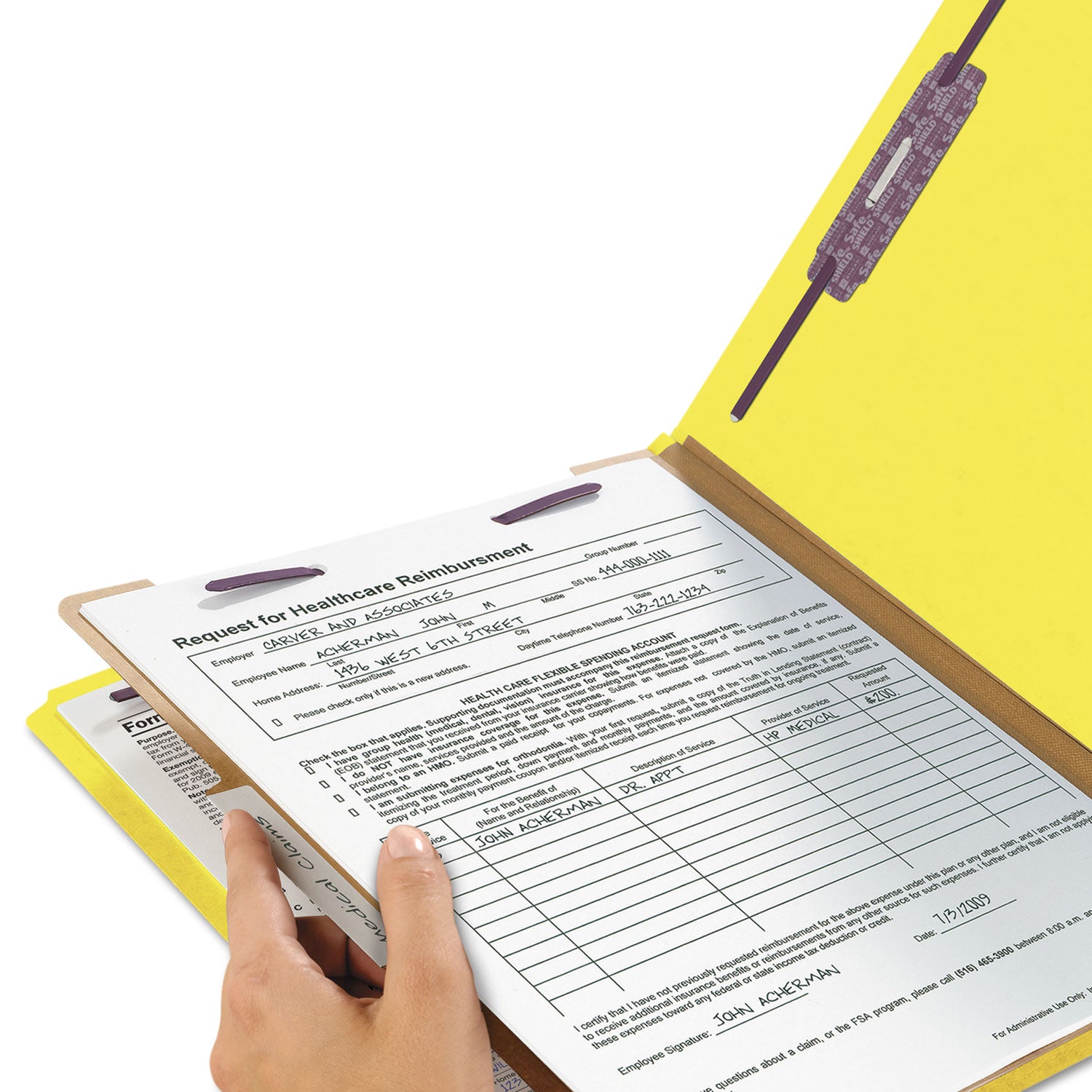 Smead SafeSHIELD 2/5 Tab Cut Letter Size Recycled Classification Folders, 2" Expansion, 1 Divider, Yellow, Heavy Duty Pressboard, 100% Recycled, 10/Box