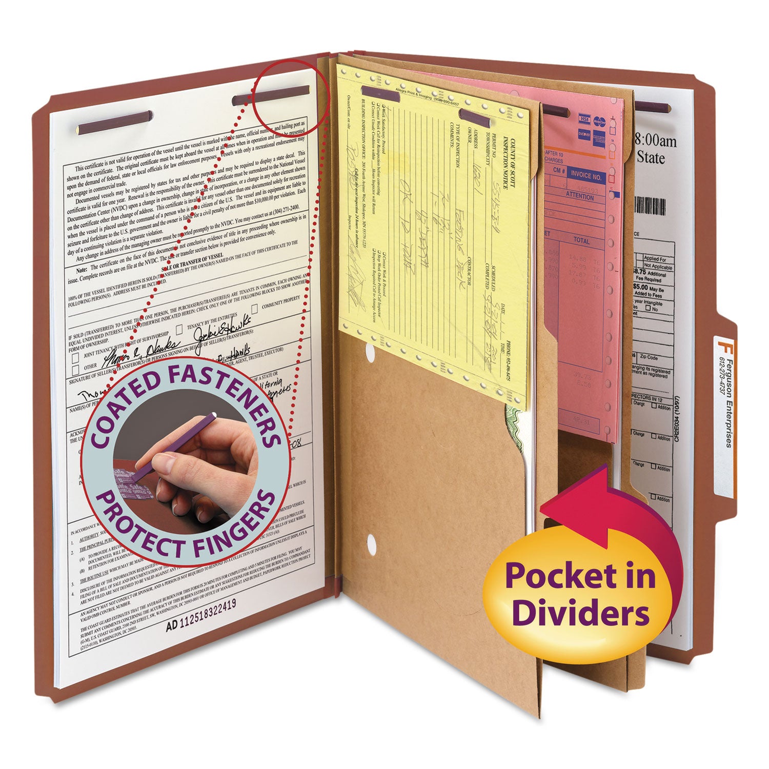 Smead SafeSHIELD 2/5 Tab Cut Legal Recycled Classification Folder, 8 1/2" x 14", 2" Expansion, 2 Fasteners, 2 Pockets, 2 Dividers, Red, Heavy Duty, Tear Resistant, 100% Recycled, 10/Box