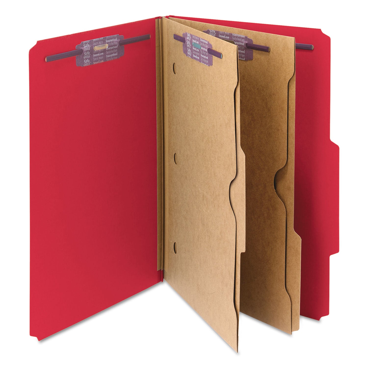 Smead SafeSHIELD 2/5 Tab Cut Legal Classification Folder, 8 1/2" x 14", 2" Expansion, 2 Fasteners, 2 Pockets, 2 Dividers, Bright Red, 25 pt., 100% Recycled, 10/Box