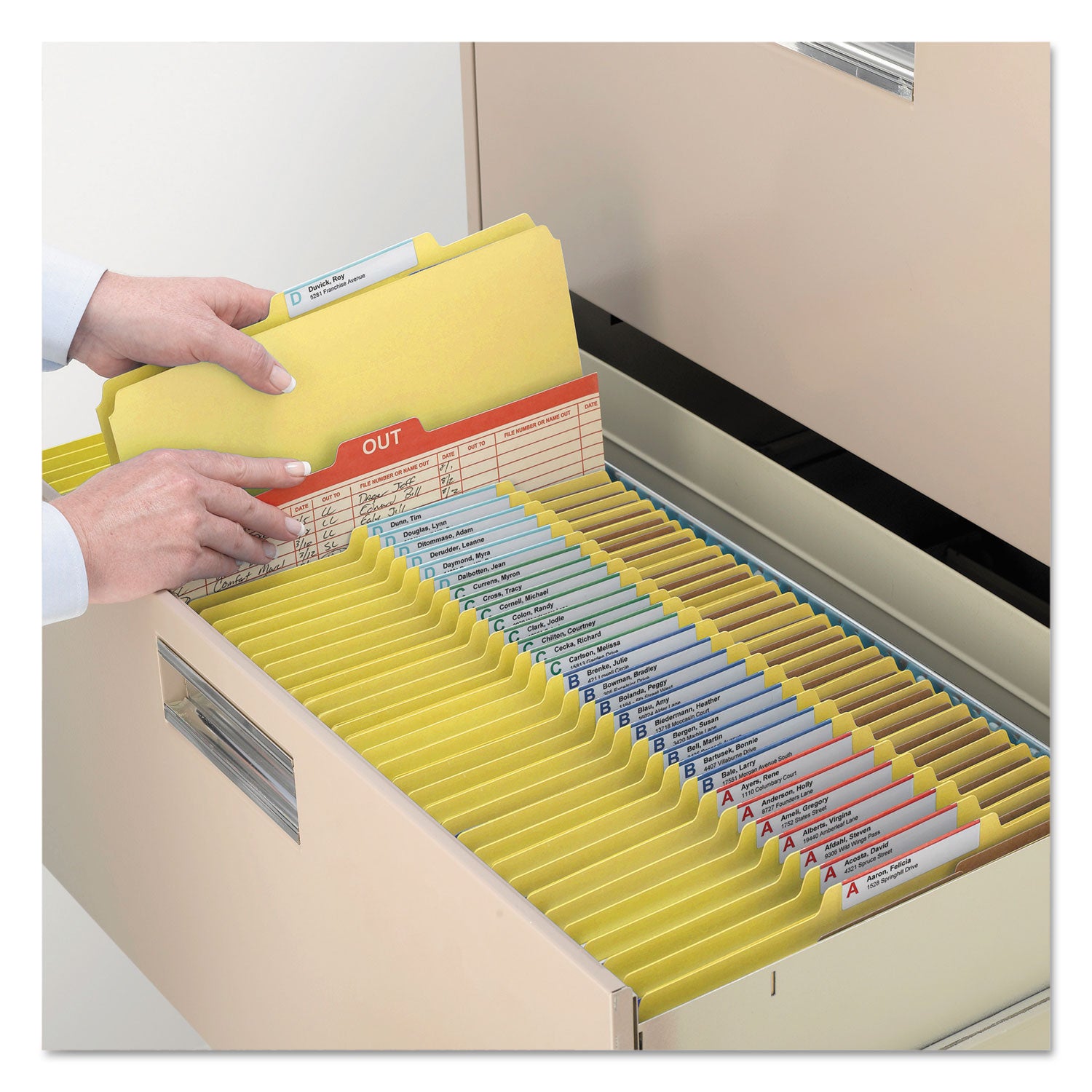Smead SafeSHIELD 2/5 Tab Letter Size Recycled Classification Folders, 3 Dividers, 2 Fasteners, 3" Expansion, Yellow, Heavy Duty, 100% Recycled, 10/Box