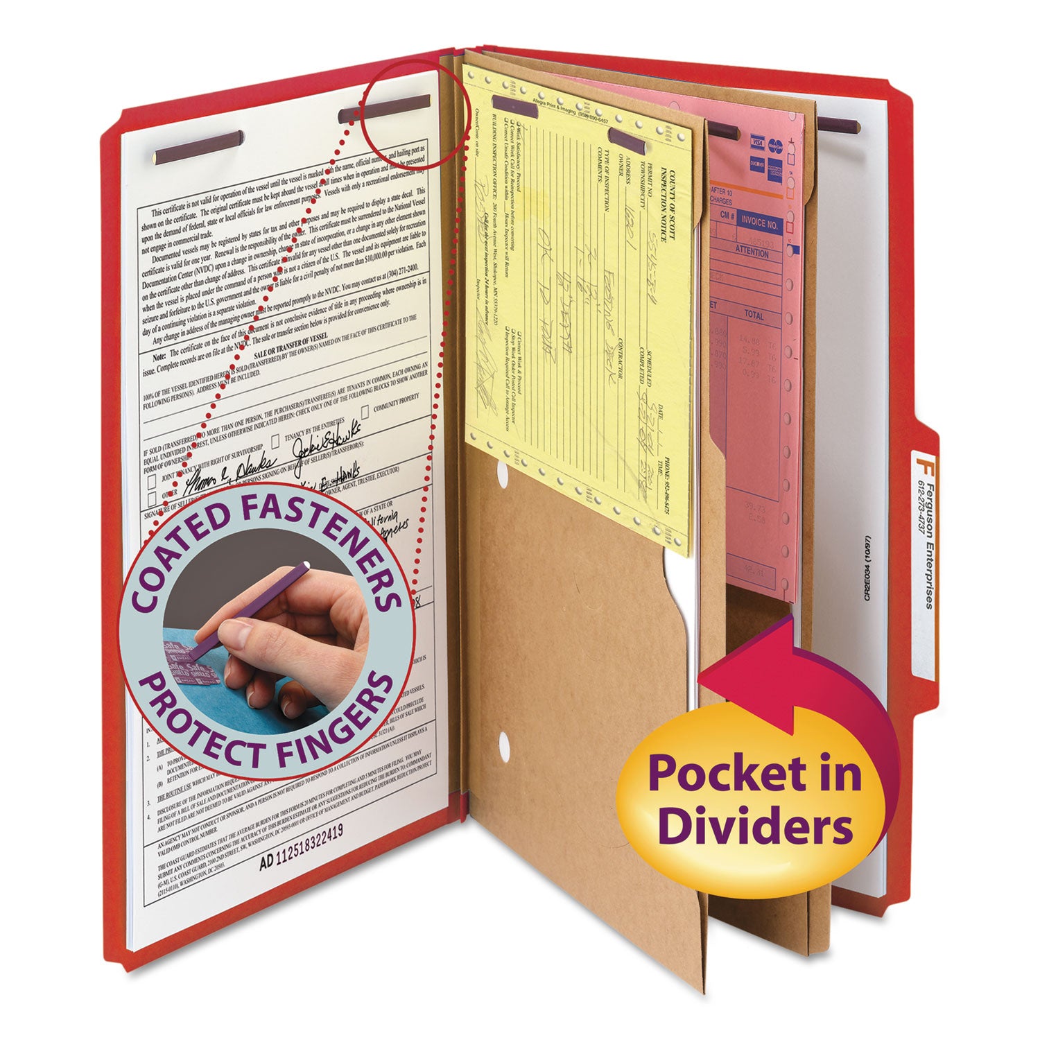 Smead SafeSHIELD 2/5 Tab Cut Legal Classification Folder, 8 1/2" x 14", 2" Expansion, 2 Fasteners, 2 Pockets, 2 Dividers, Bright Red, 25 pt., 100% Recycled, 10/Box