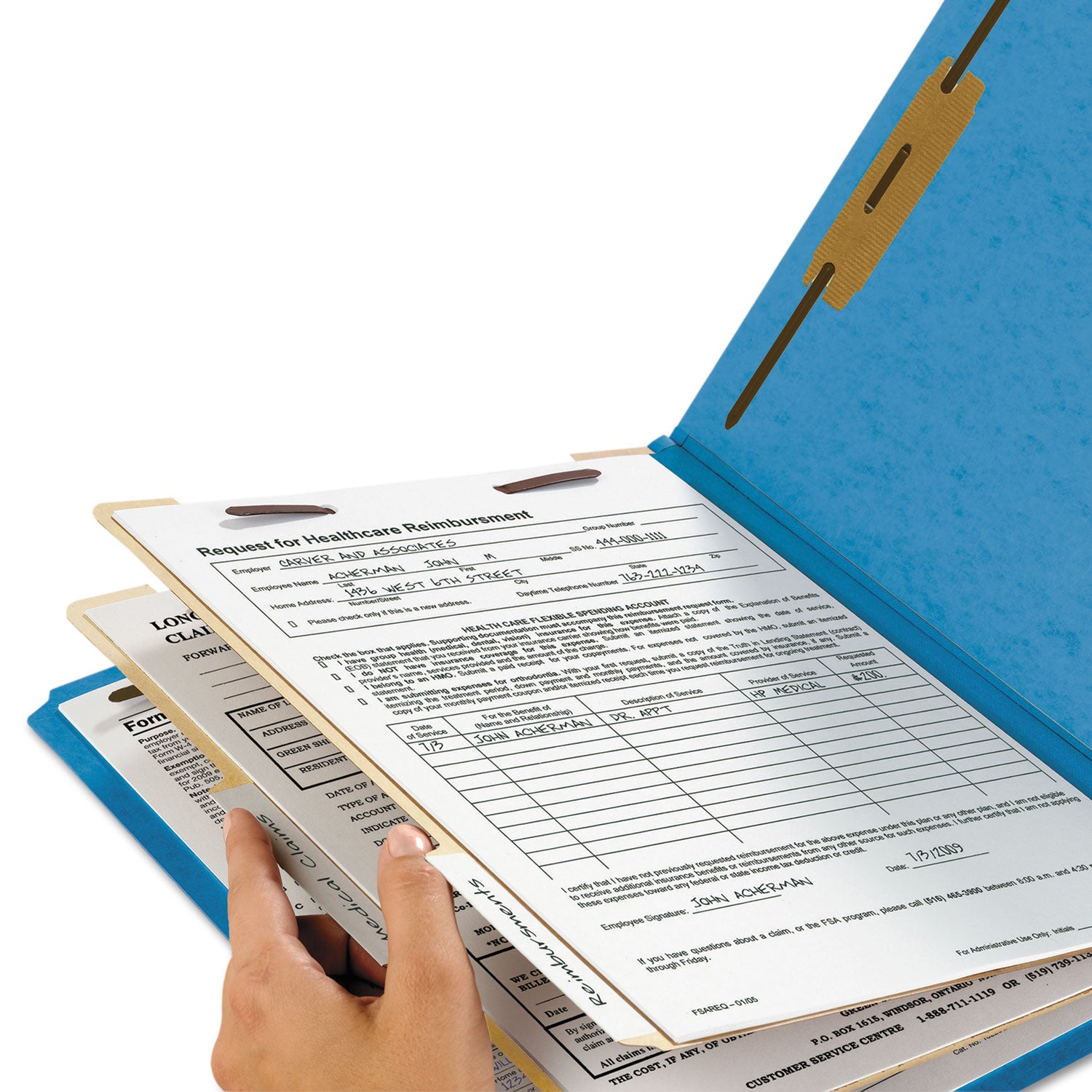 Smead Colored 2/5 Tab Cut Letter Recycled Classification Folder, 8.5" x 11", 2" Expansion, 2 Fasteners, 2 Dividers, Blue, Reinforced Tab, 10% Recycled, 10/Box