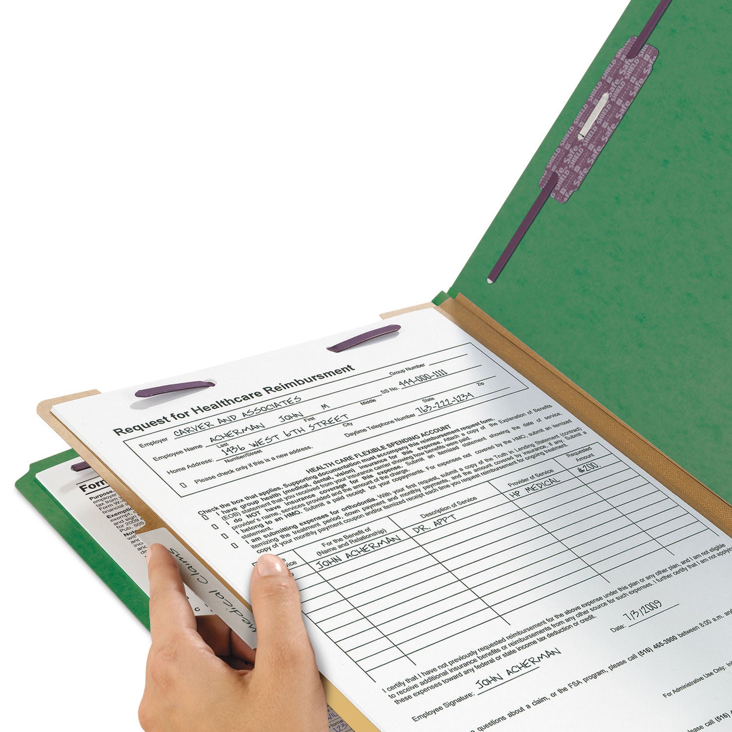 Smead SafeSHIELD 2/5 Tab Cut Legal Recycled Classification Folder, 8.5" x 14", 2" Expansion, 2 Fasteners, 1 Divider, Green, 25 pt. Pressboard, 100% Recycled, 10/Box